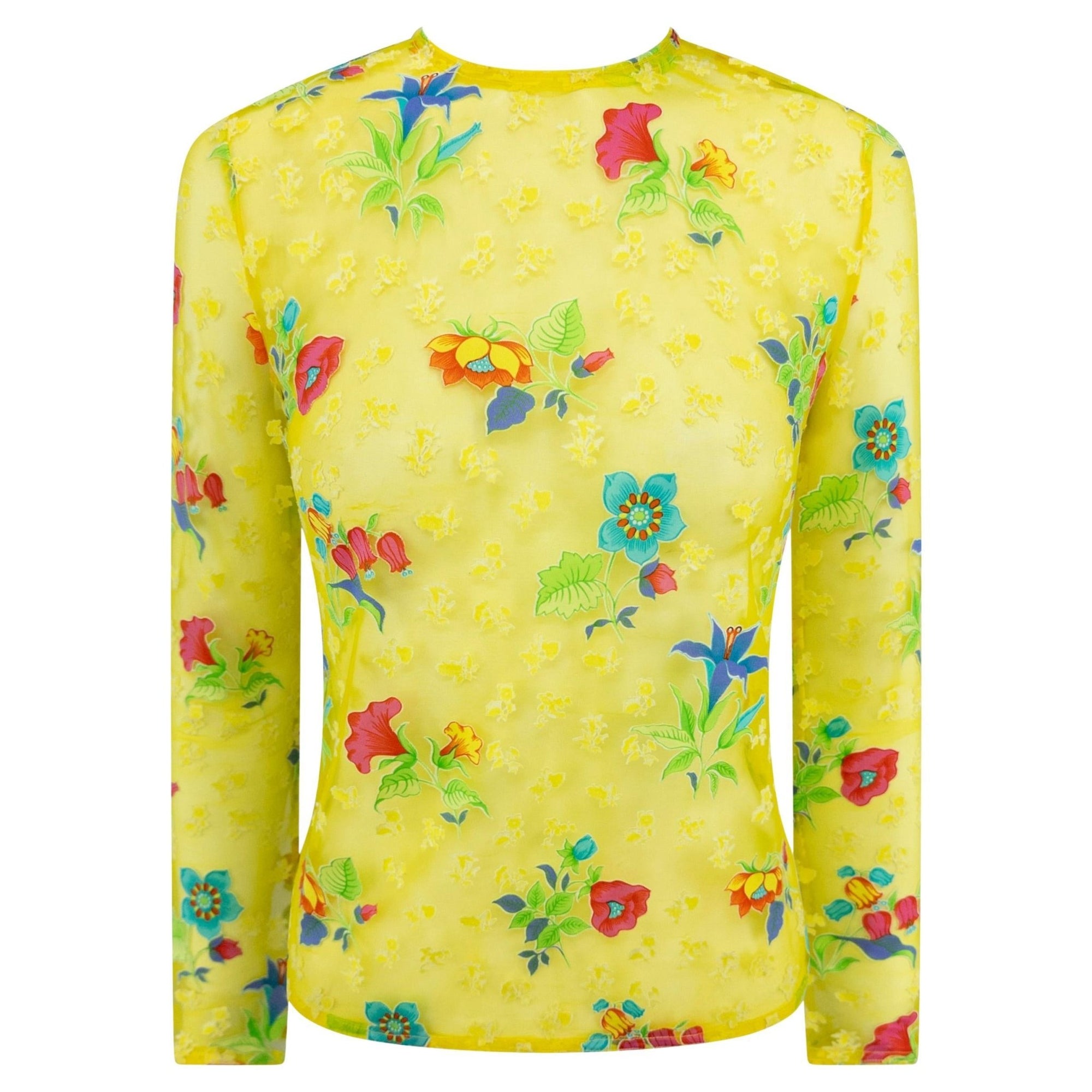 S/S 1997 Gianni Versace Runway Sheer Bright Yellow Mesh Floral Long Sleeve Top - RealList