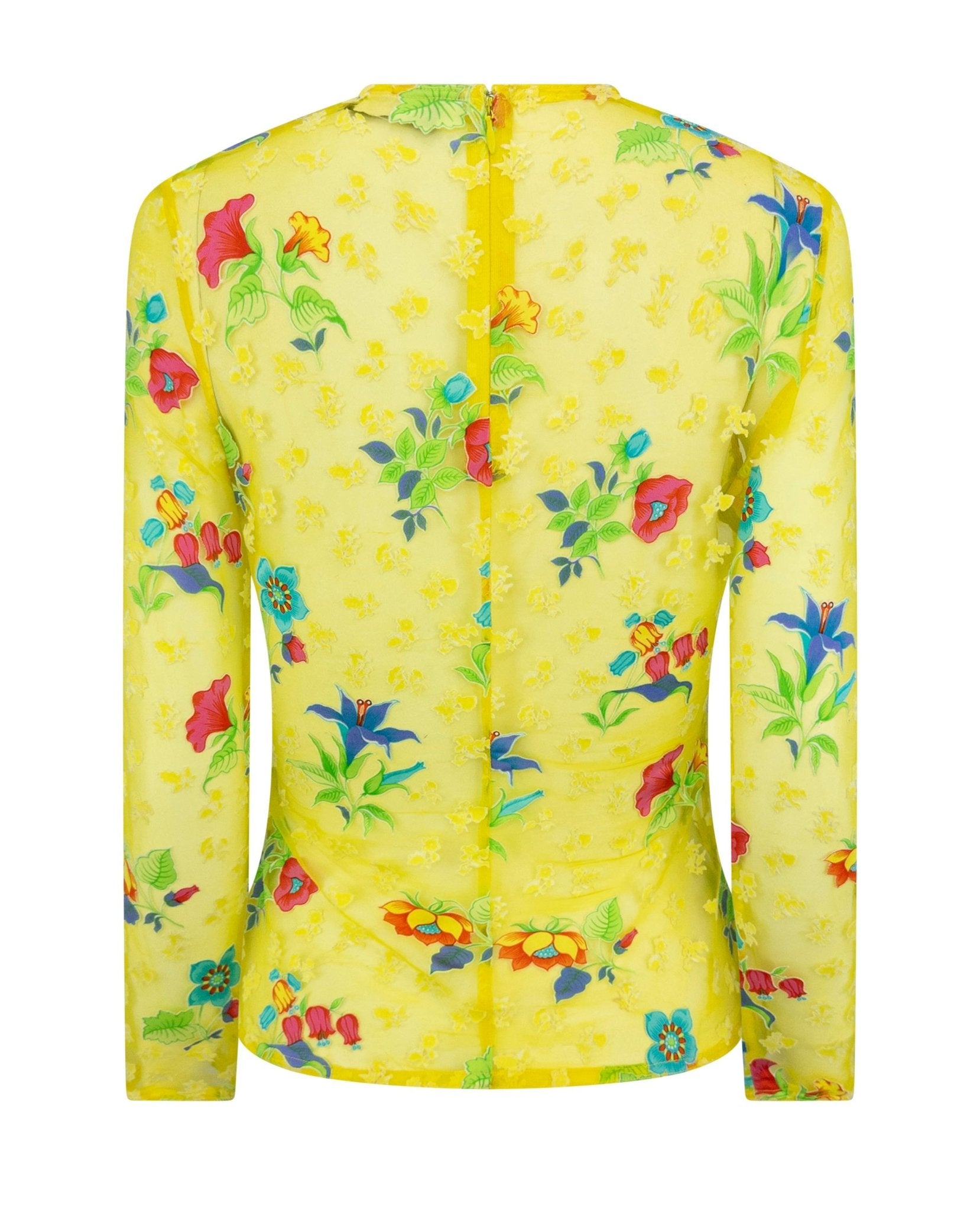 S/S 1997 Gianni Versace Runway Sheer Bright Yellow Mesh Floral Long Sleeve Top - RealList