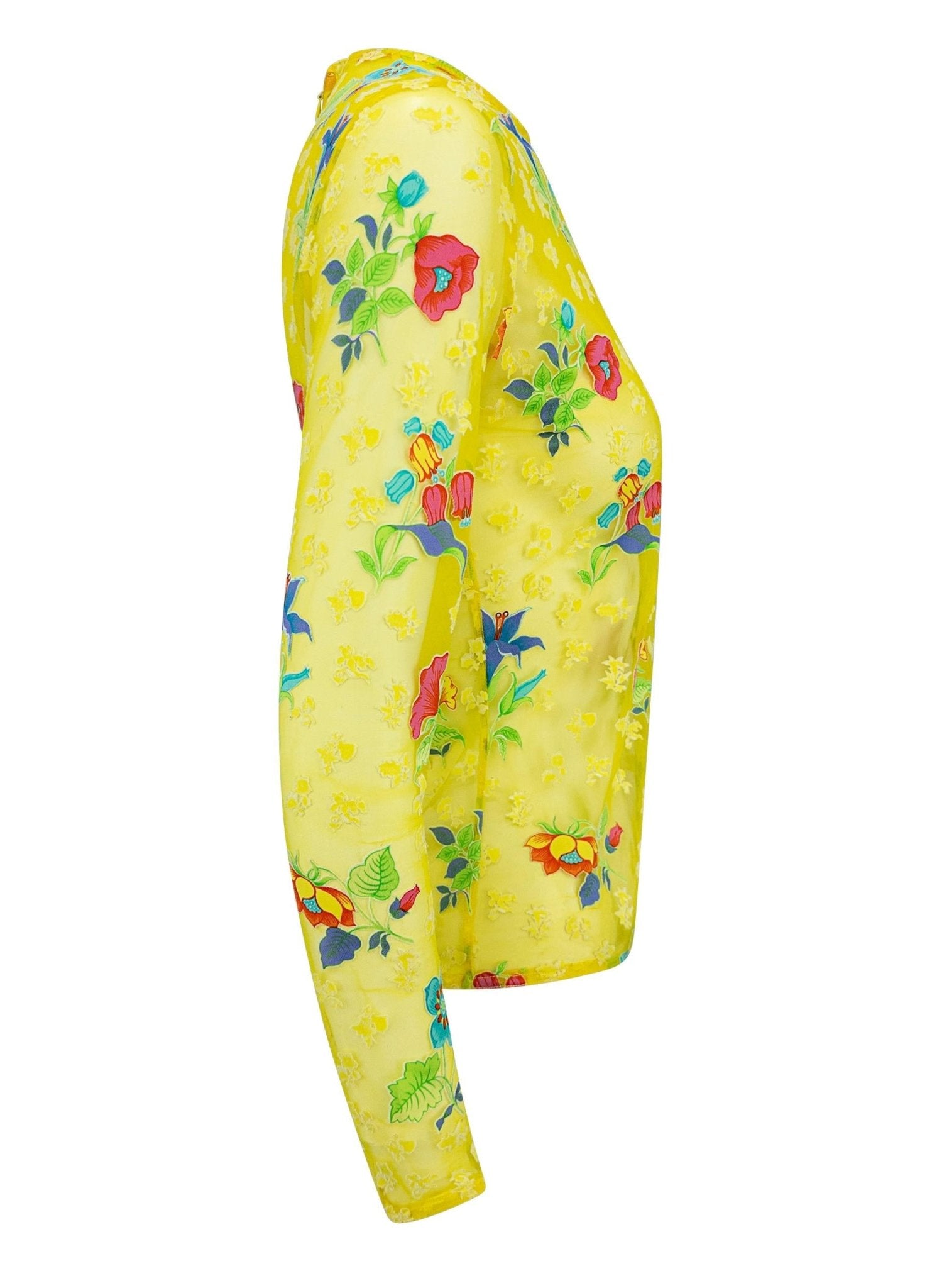 S/S 1997 Gianni Versace Runway Sheer Bright Yellow Mesh Floral Long Sleeve Top - RealList