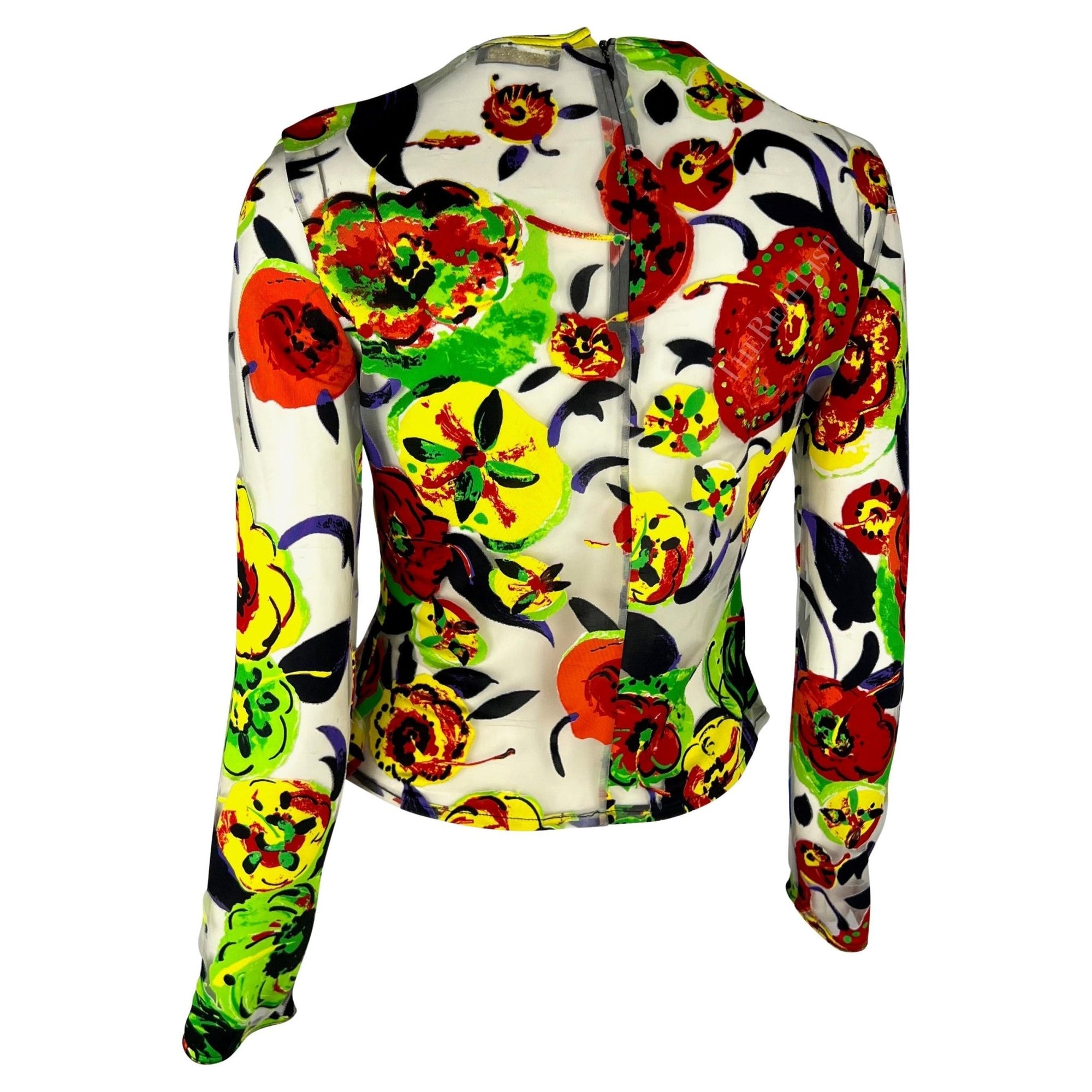 S/S 1997 Gianni Versace Runway Sheer Pop Art Floral Abstract Print Tulle Top - RealList