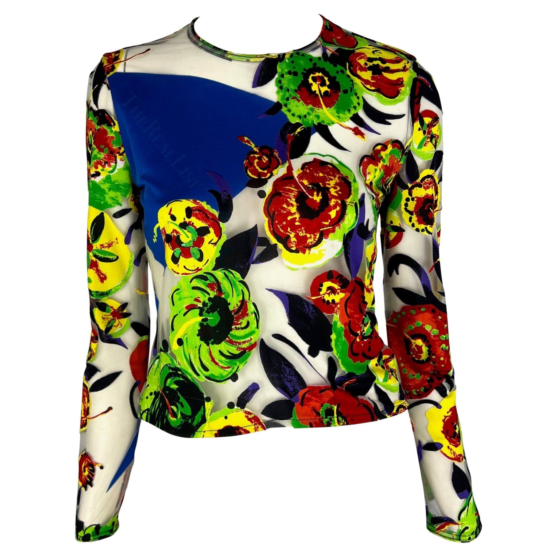 S/S 1997 Gianni Versace Runway Sheer Pop Art Floral Abstract Print Tulle Top - RealList