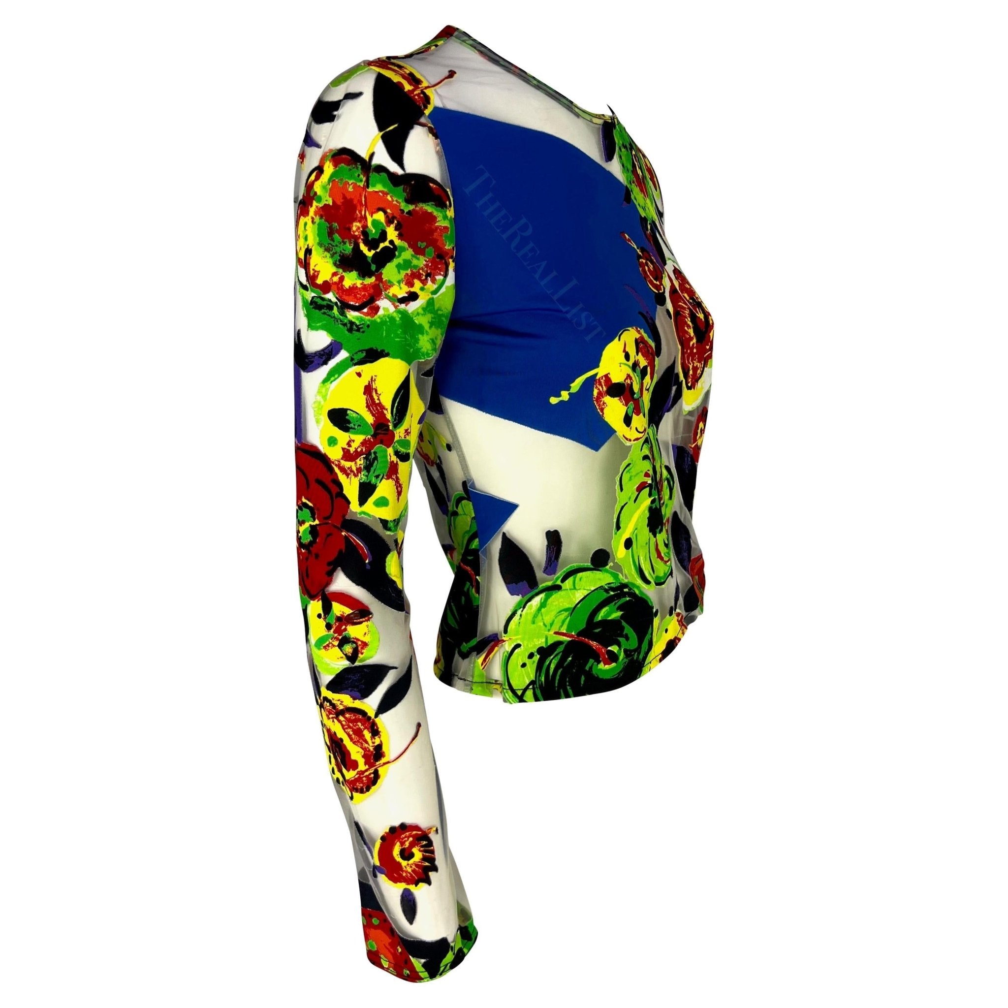 S/S 1997 Gianni Versace Runway Sheer Pop Art Floral Abstract Print Tulle Top - RealList
