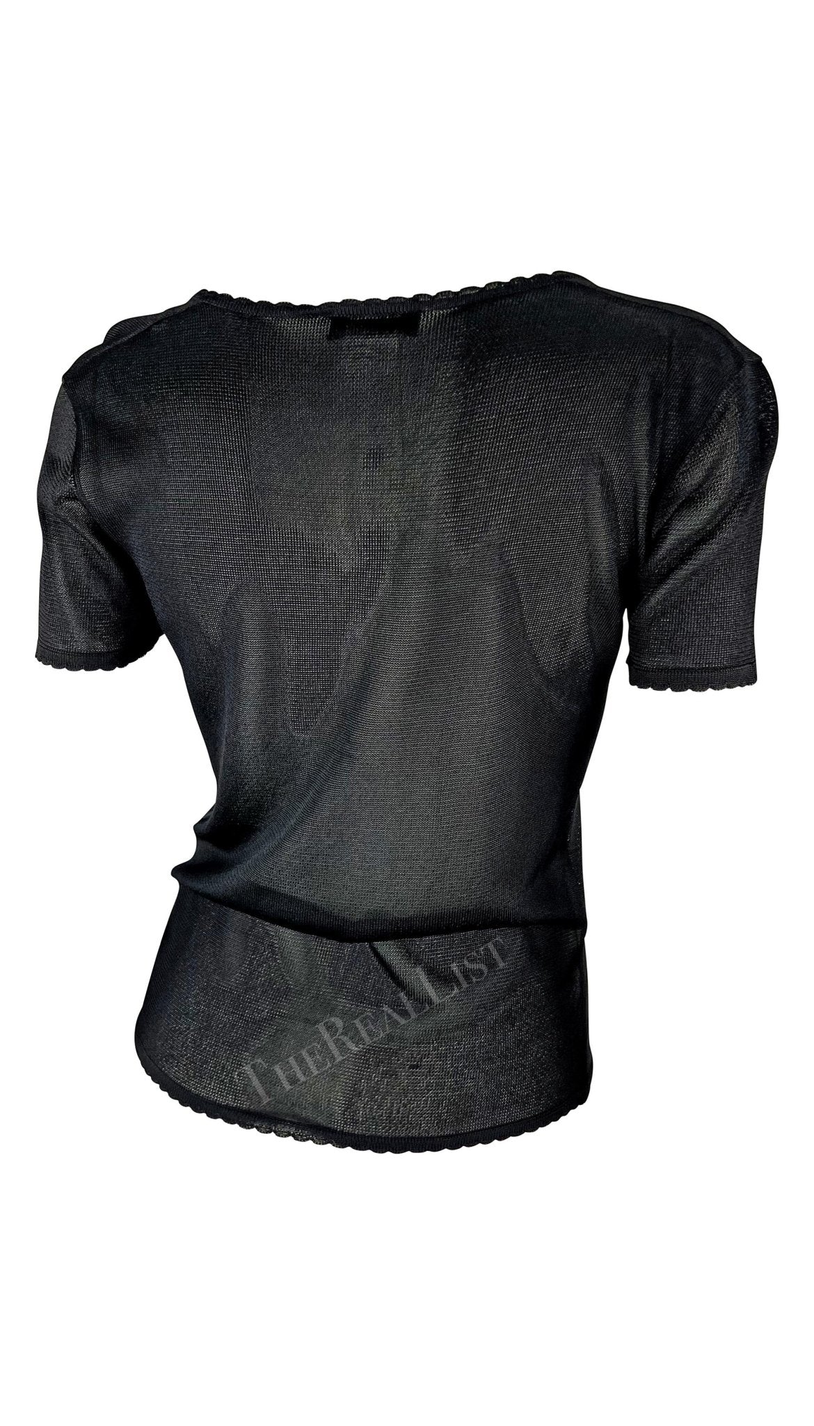 S/S 1997 Gianni Versace Scallop Knit Sheer Viscose V - Neck Black Sweater Top - RealList