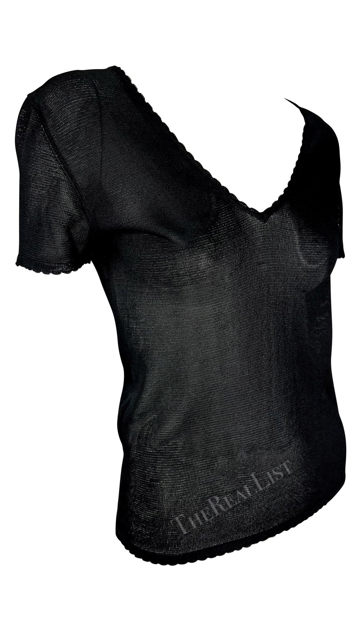 S/S 1997 Gianni Versace Scallop Knit Sheer Viscose V - Neck Black Sweater Top - RealList