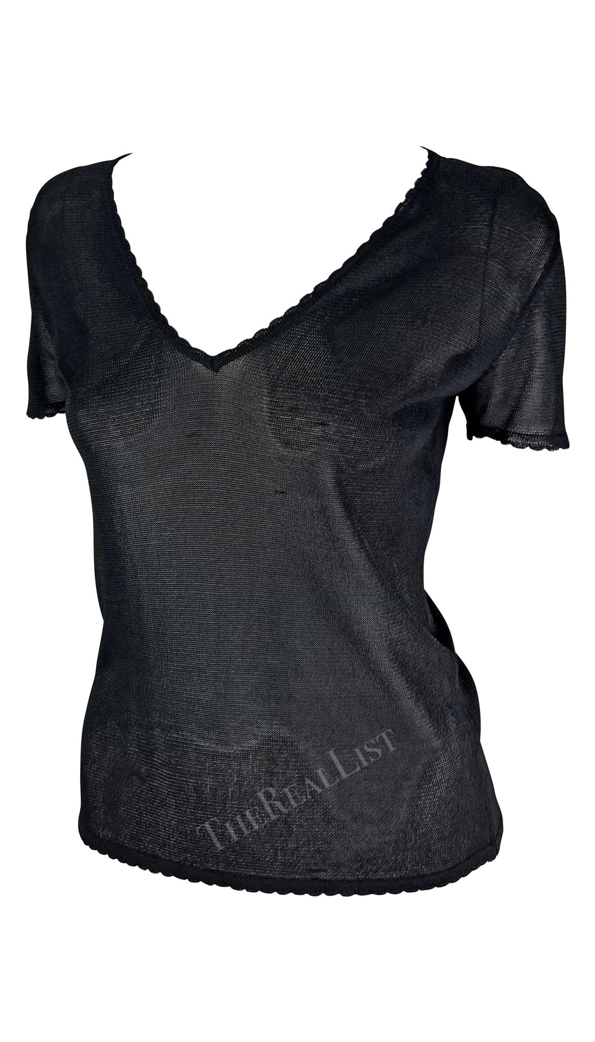 S/S 1997 Gianni Versace Scallop Knit Sheer Viscose V - Neck Black Sweater Top - RealList