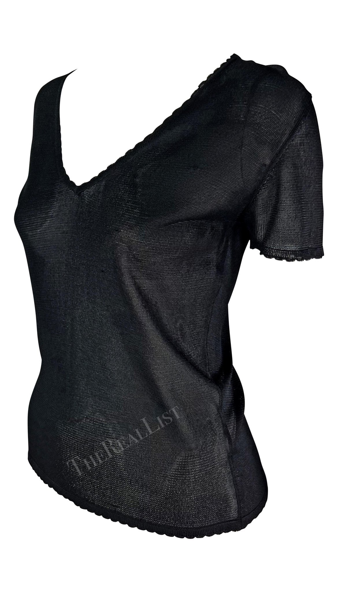 S/S 1997 Gianni Versace Scallop Knit Sheer Viscose V - Neck Black Sweater Top - RealList