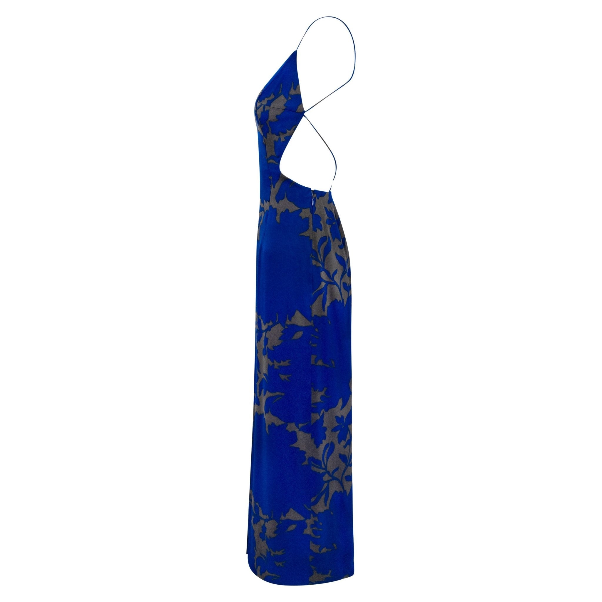 S/S 1997 Giorgio Armani Runway Ad Cobalt Blue Floral Satin Backless Slit Gown - RealList