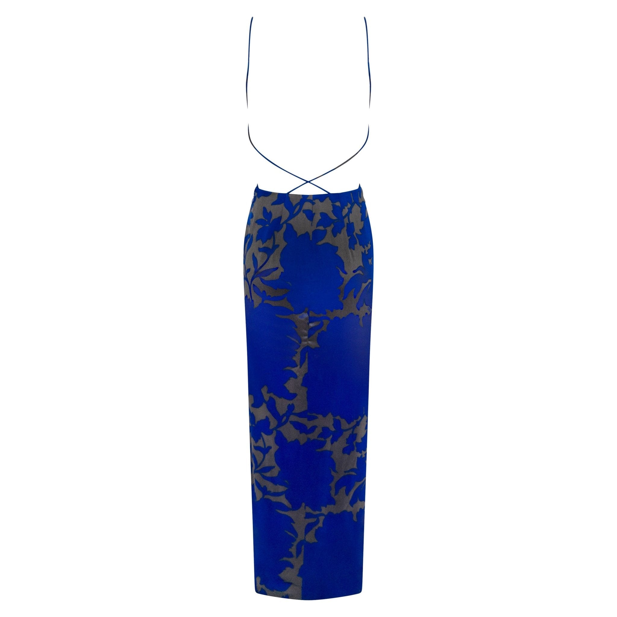 S/S 1997 Giorgio Armani Runway Ad Cobalt Blue Floral Satin Backless Slit Gown - RealList