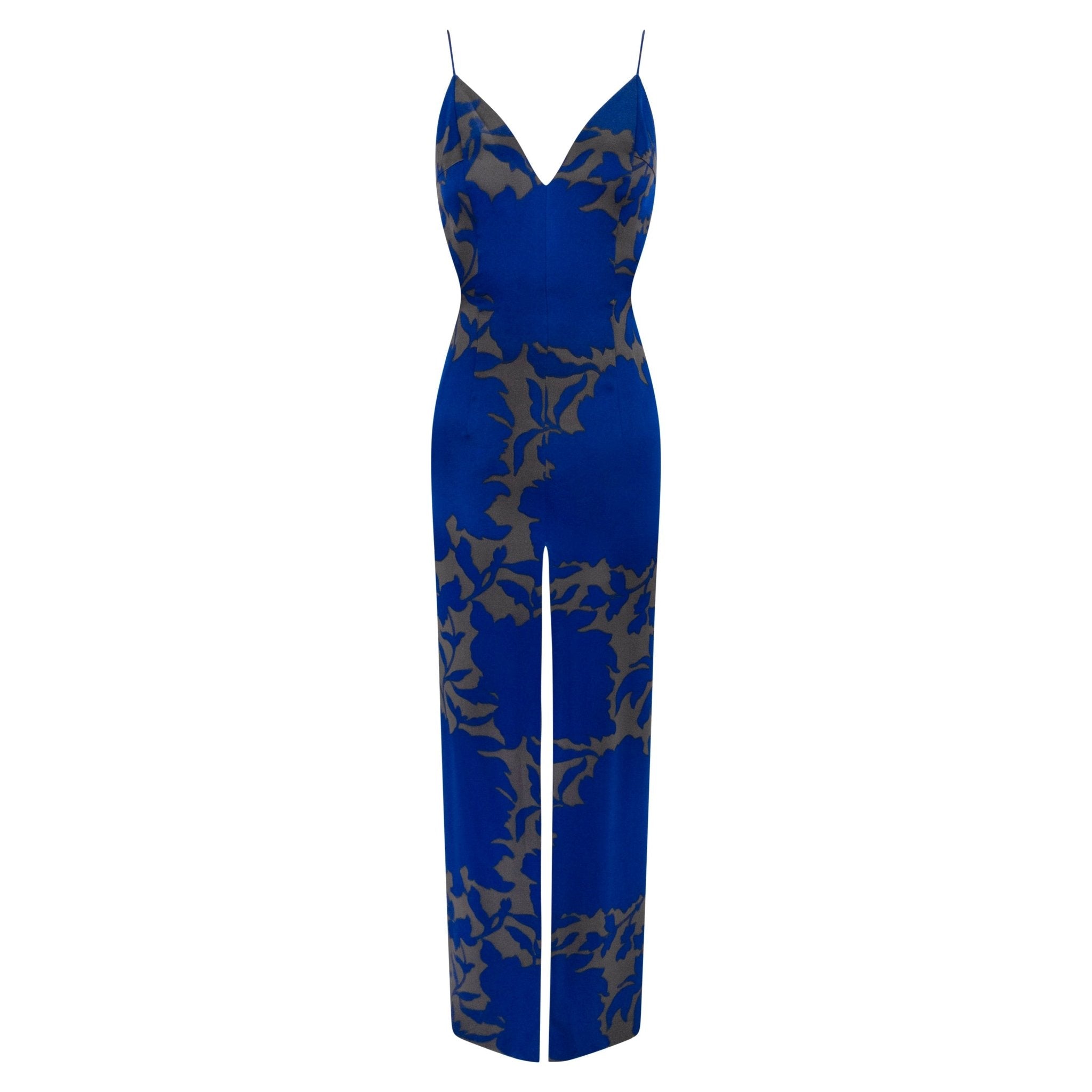 S/S 1997 Giorgio Armani Runway Ad Cobalt Blue Floral Satin Backless Slit Gown - RealList