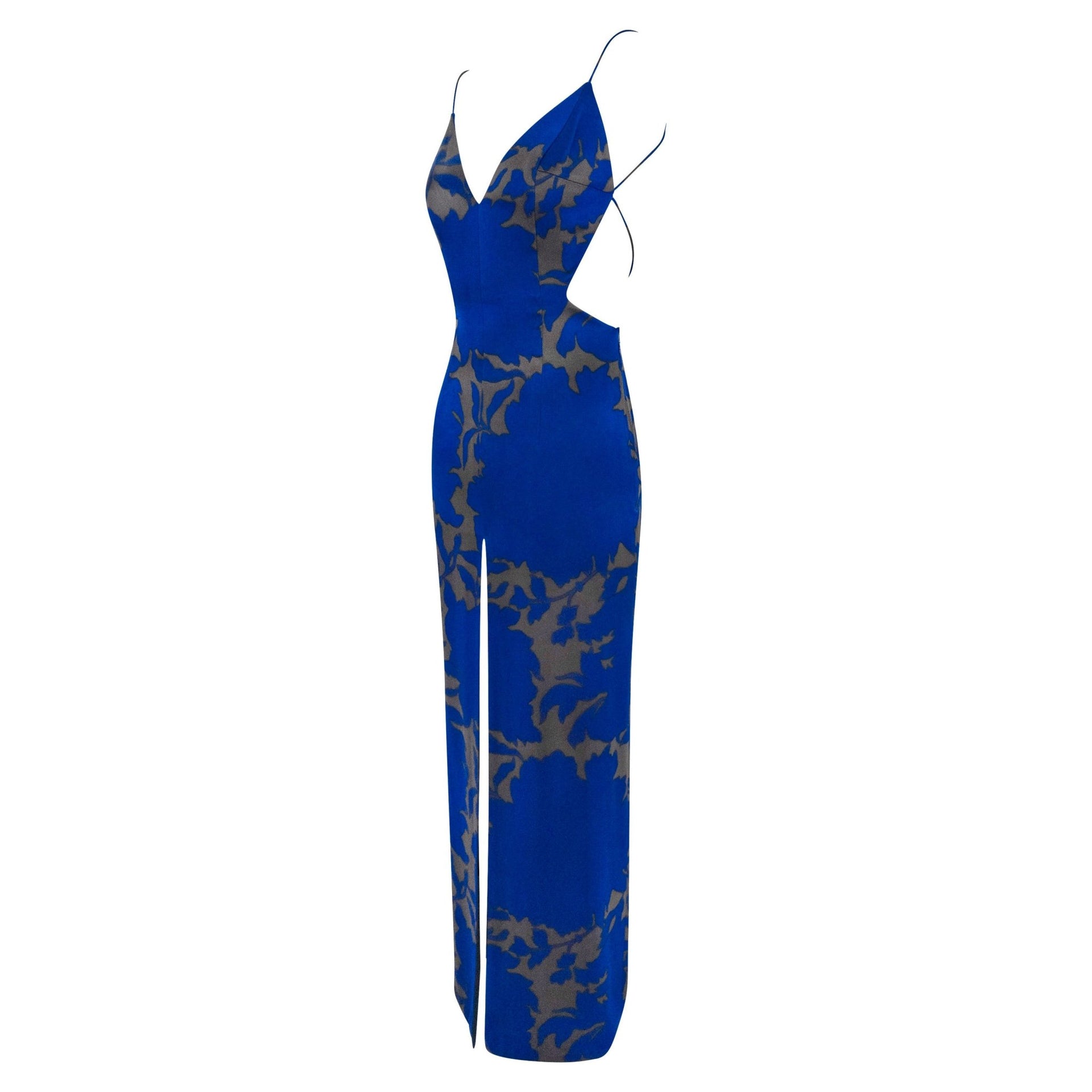 S/S 1997 Giorgio Armani Runway Ad Cobalt Blue Floral Satin Backless Slit Gown - RealList