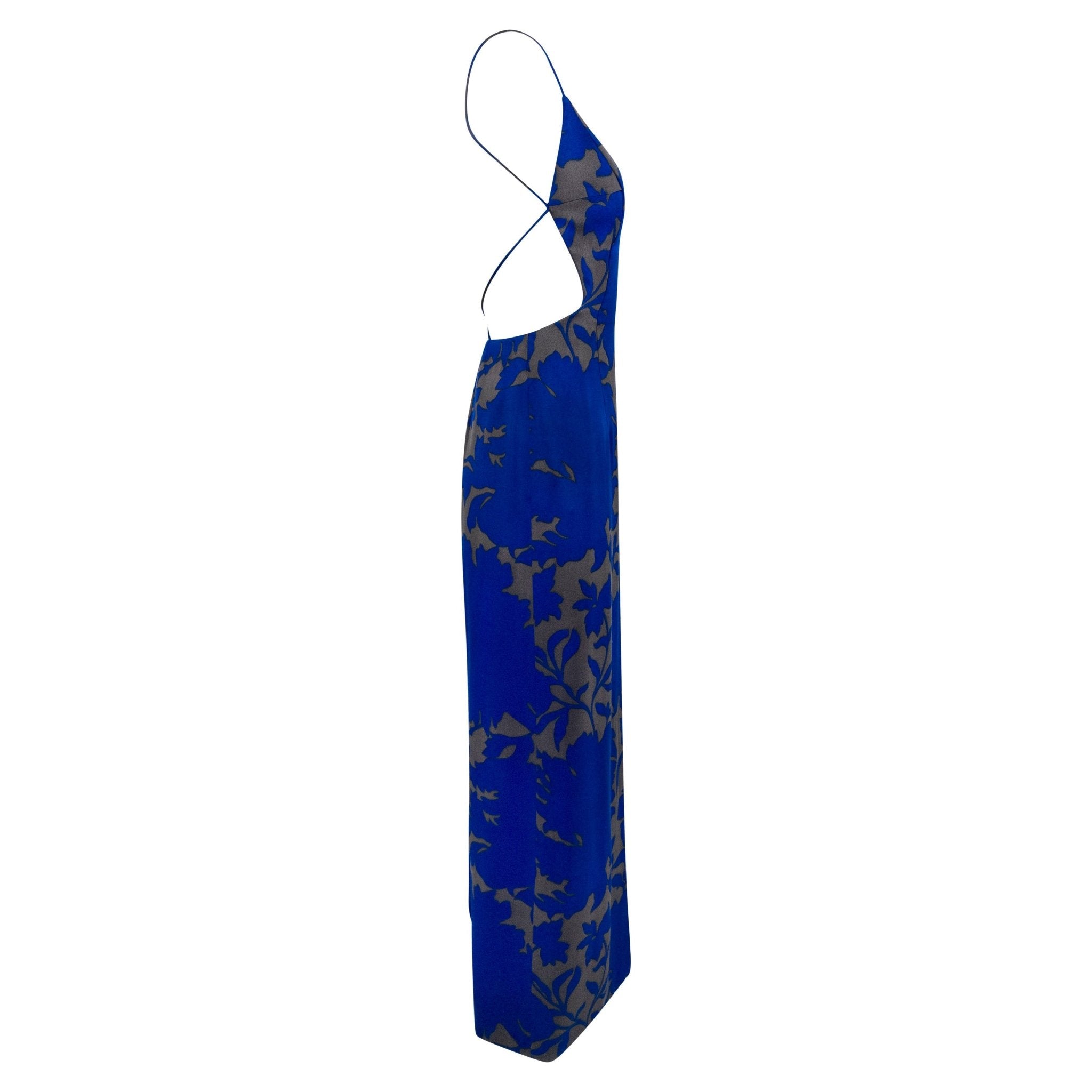 S/S 1997 Giorgio Armani Runway Ad Cobalt Blue Floral Satin Backless Slit Gown - RealList