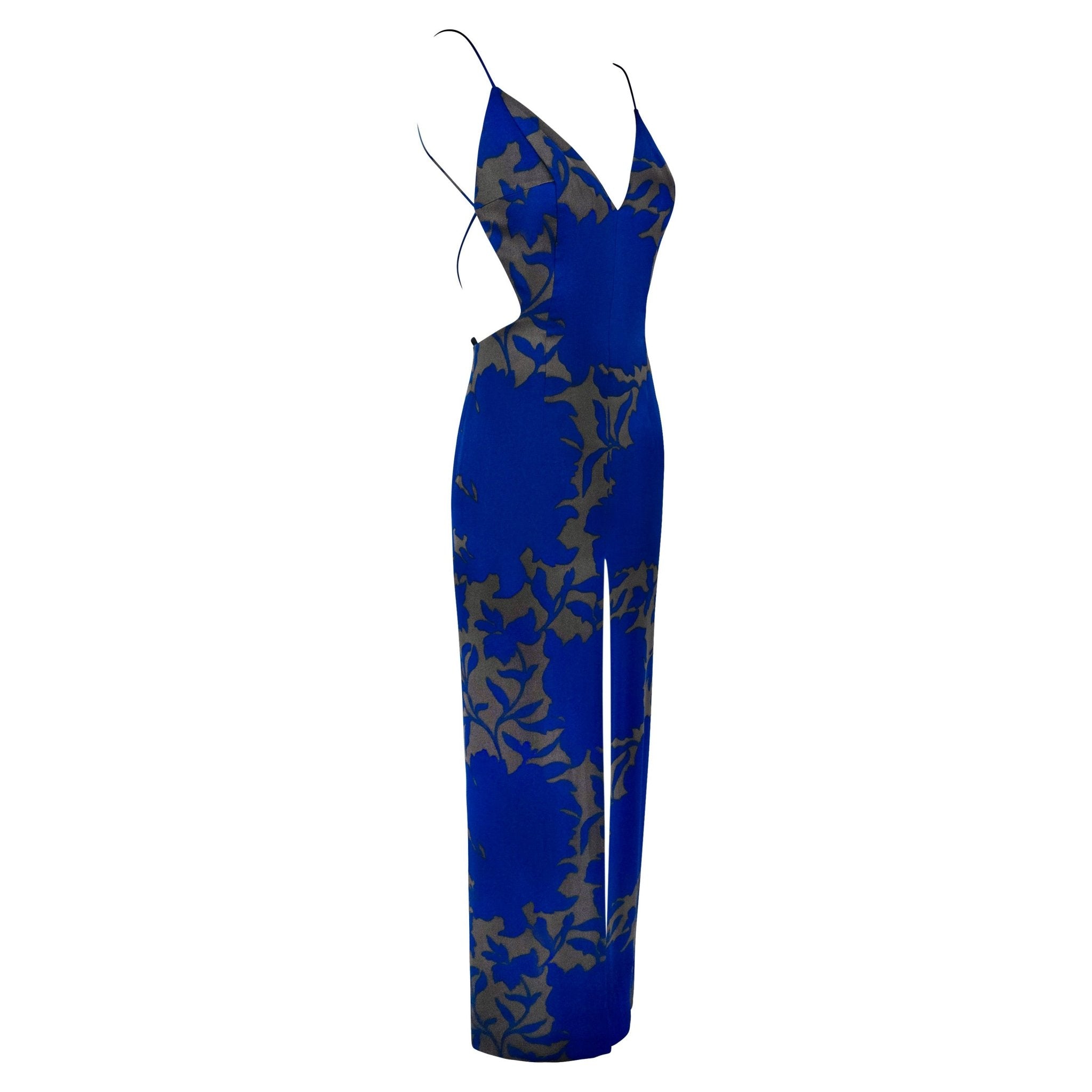 S/S 1997 Giorgio Armani Runway Ad Cobalt Blue Floral Satin Backless Slit Gown - RealList