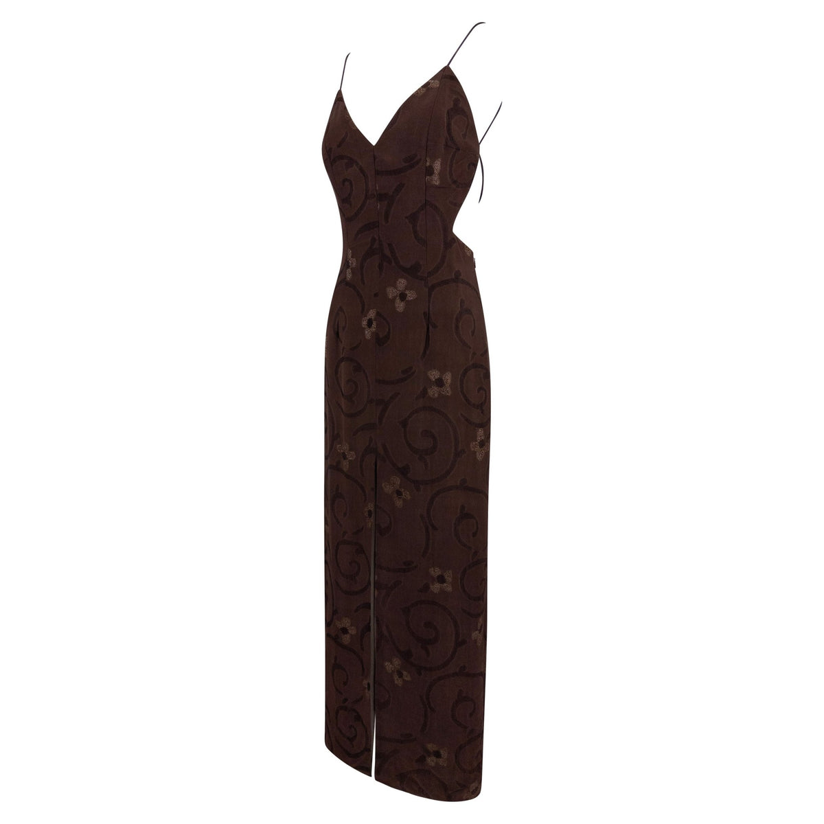 S/S 1997 Giorgio Armani Runway Brown Floral Jacquard Backless Gown - RealList