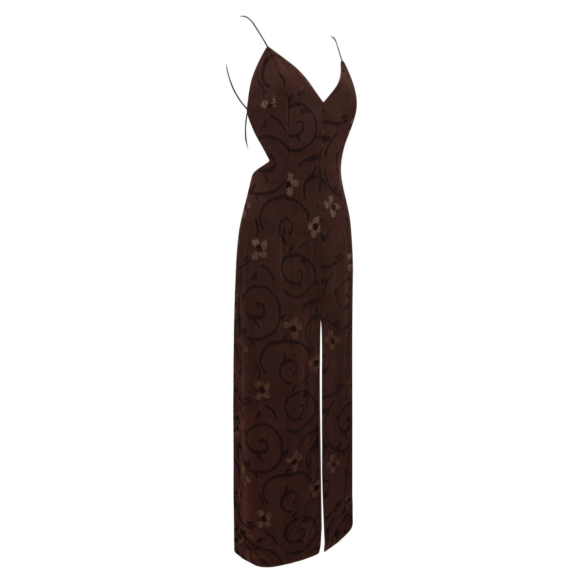 S/S 1997 Giorgio Armani Runway Brown Floral Jacquard Backless Gown - RealList