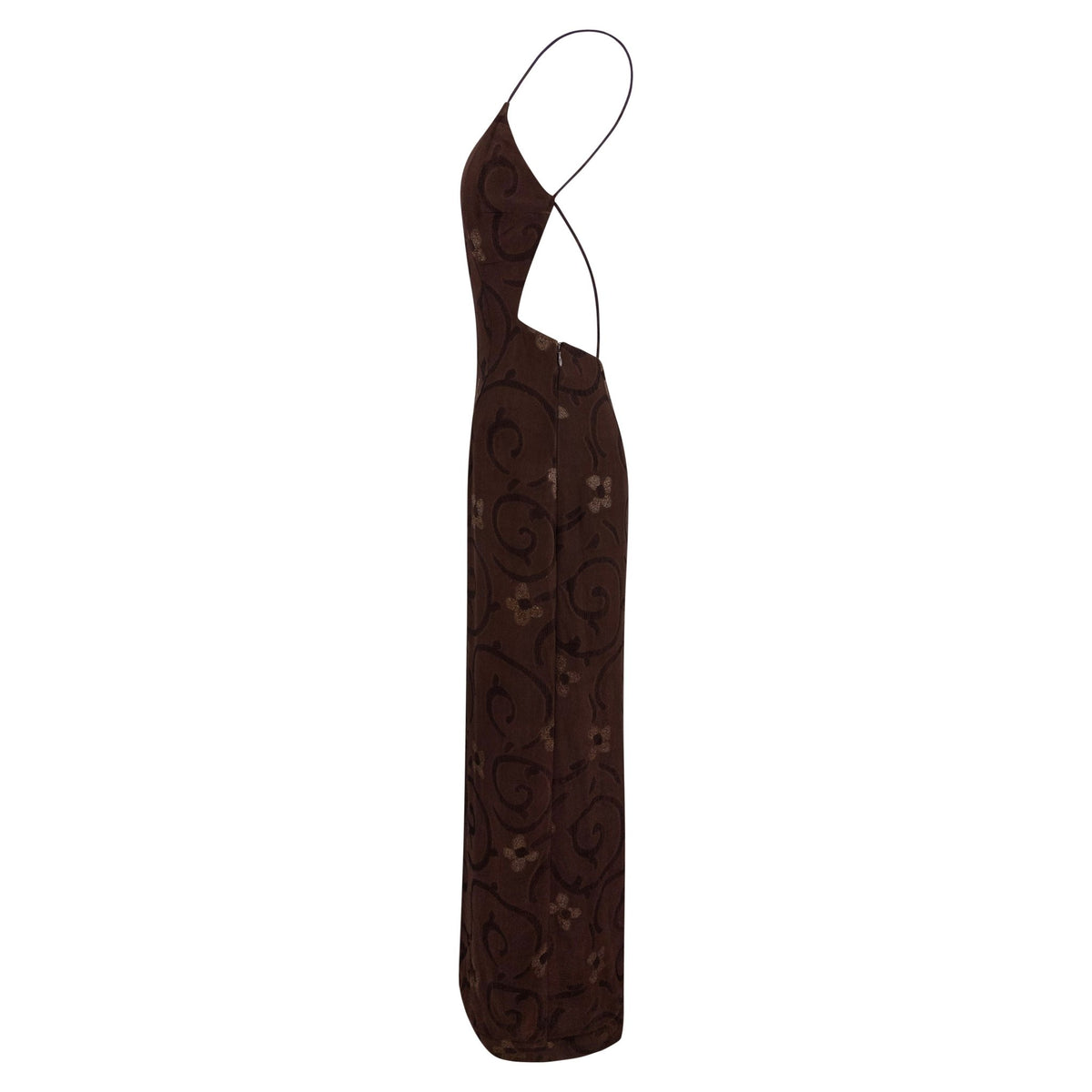 S/S 1997 Giorgio Armani Runway Brown Floral Jacquard Backless Gown - RealList