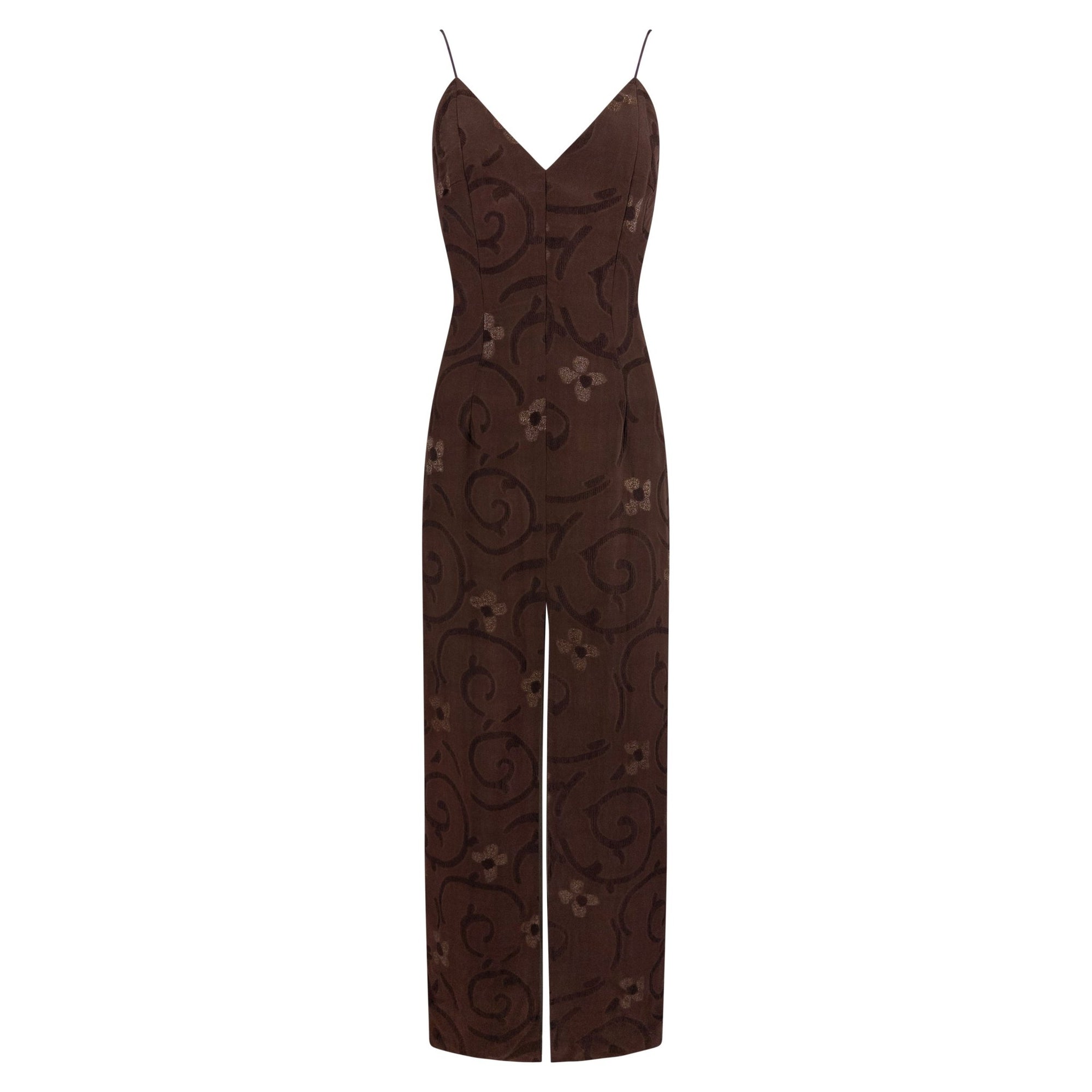 S/S 1997 Giorgio Armani Runway Brown Floral Jacquard Backless Gown - RealList