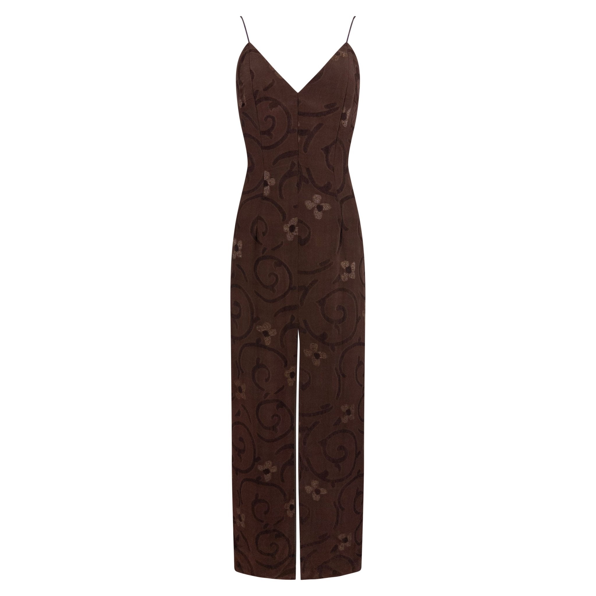 S/S 1997 Giorgio Armani Runway Brown Floral Jacquard Backless Gown - RealList