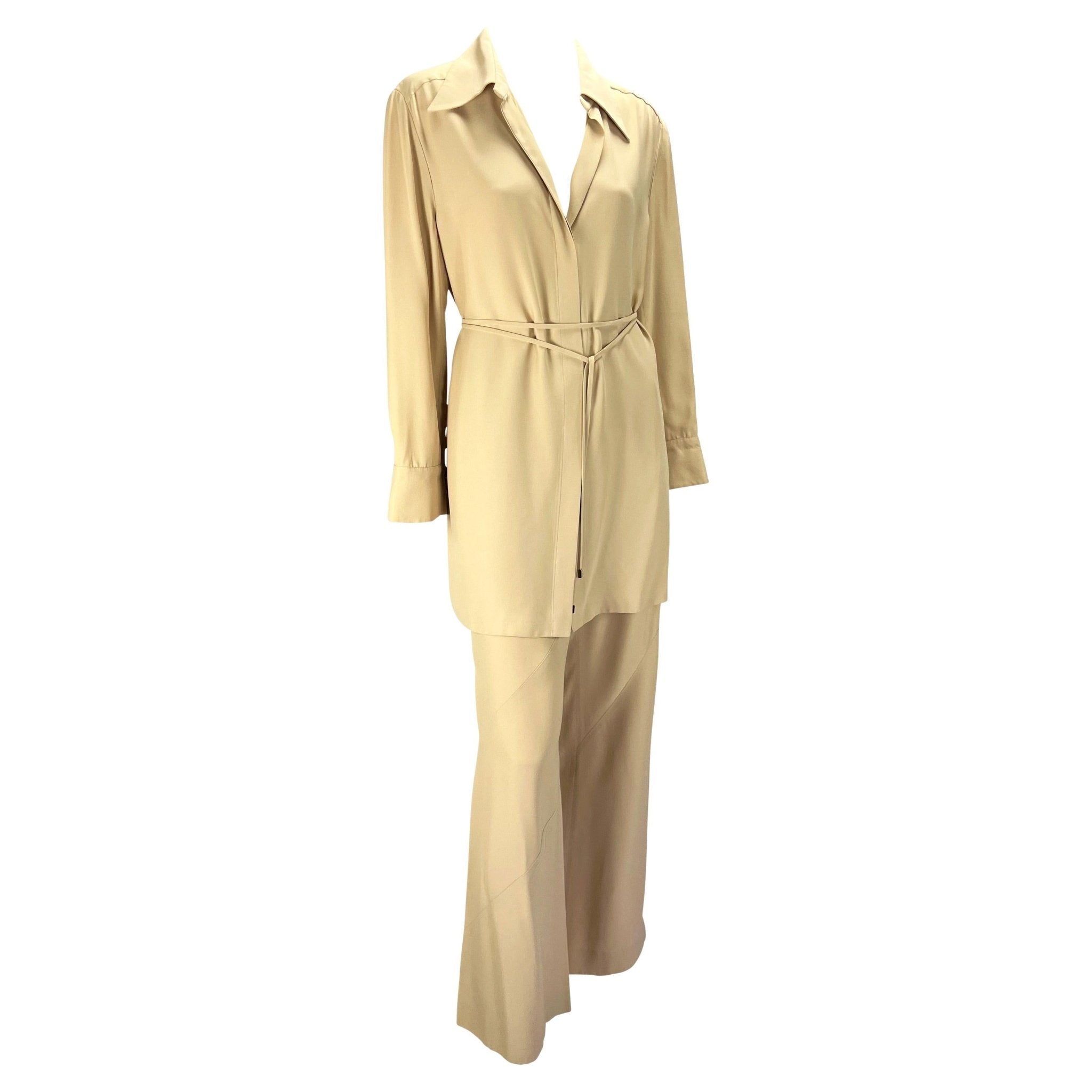 S/S 1997 Gucci by Tom Ford Beige Asymmetric Panel Wide Leg Belted Pantsuit - RealList