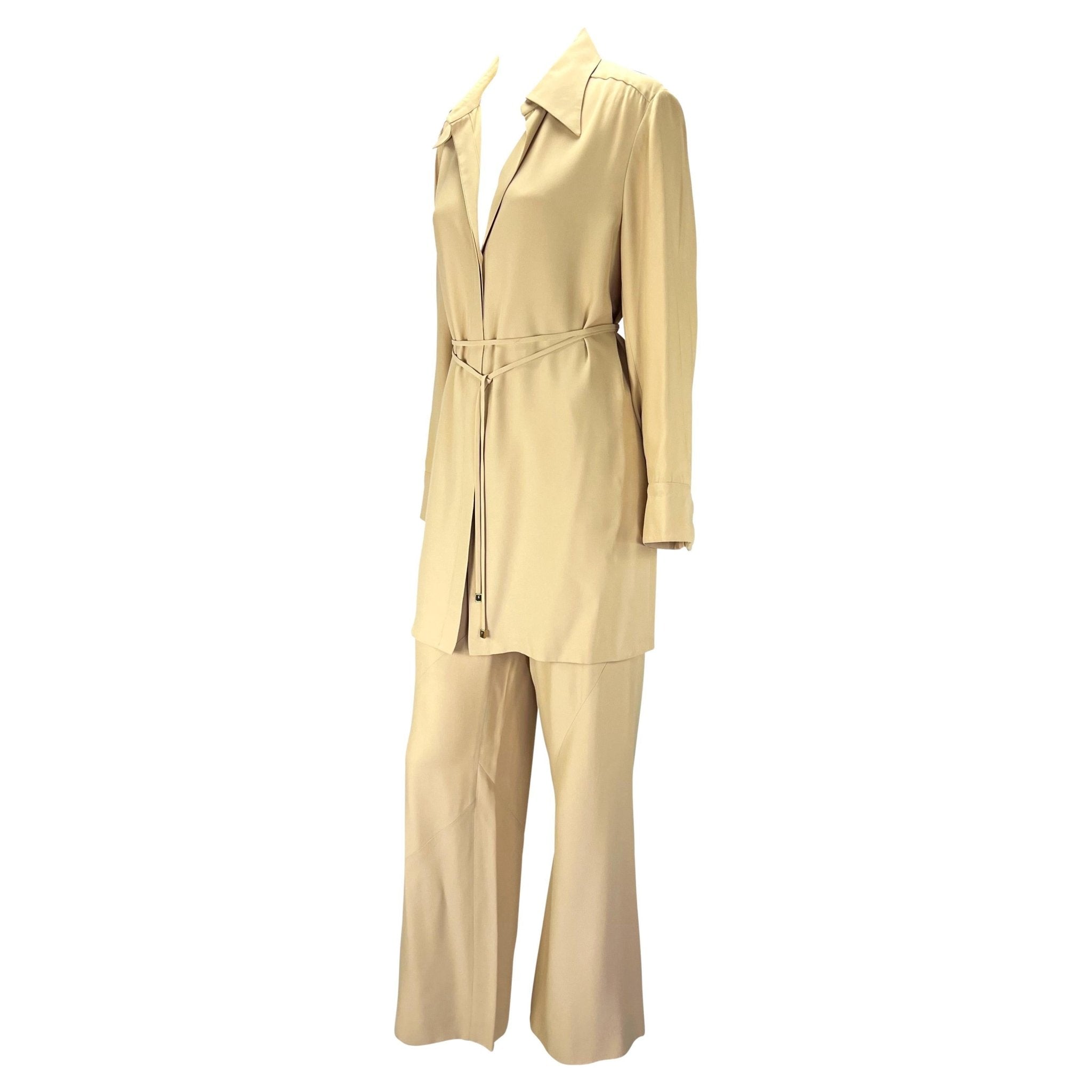 S/S 1997 Gucci by Tom Ford Beige Asymmetric Panel Wide Leg Belted Pantsuit - RealList
