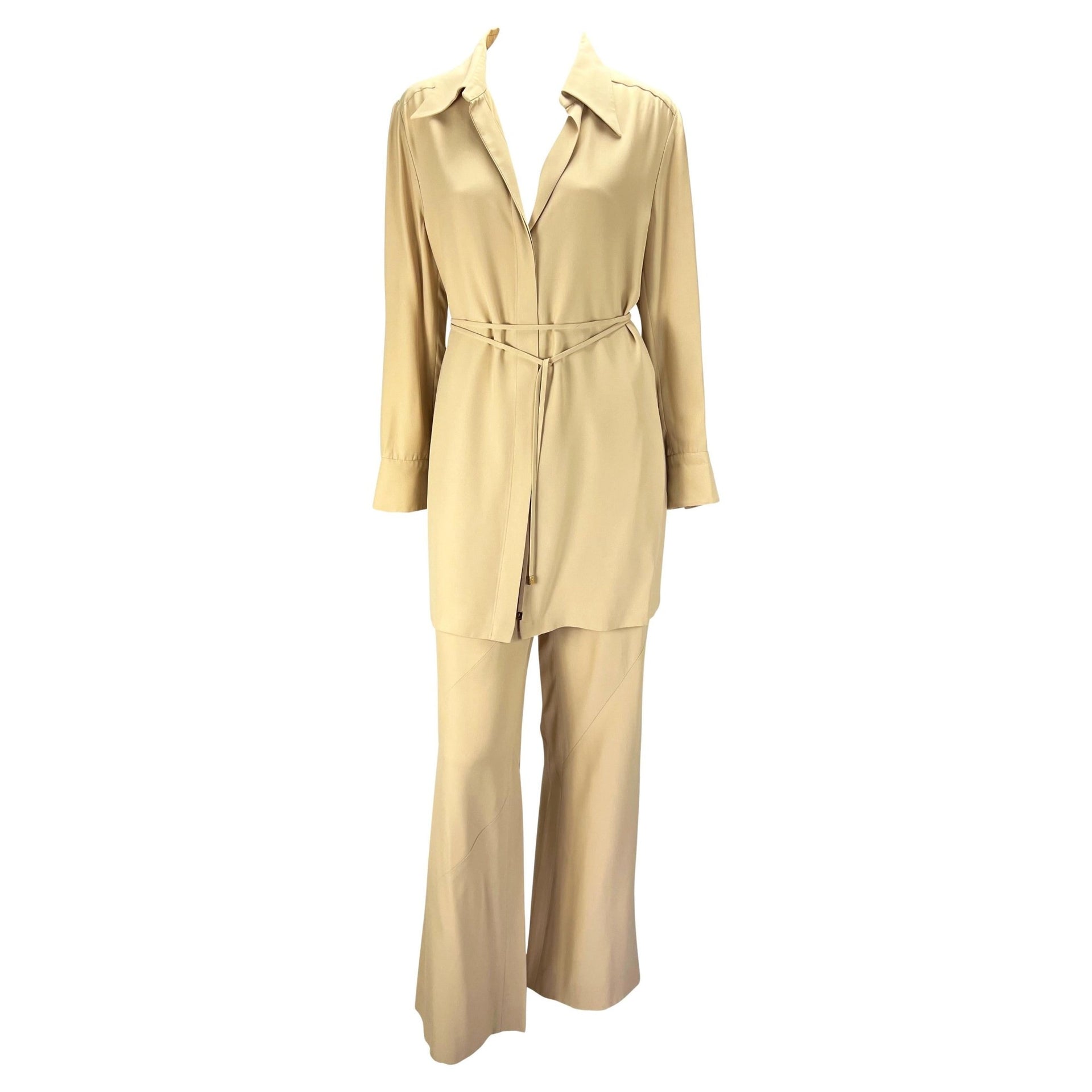 S/S 1997 Gucci by Tom Ford Beige Asymmetric Panel Wide Leg Belted Pantsuit - RealList