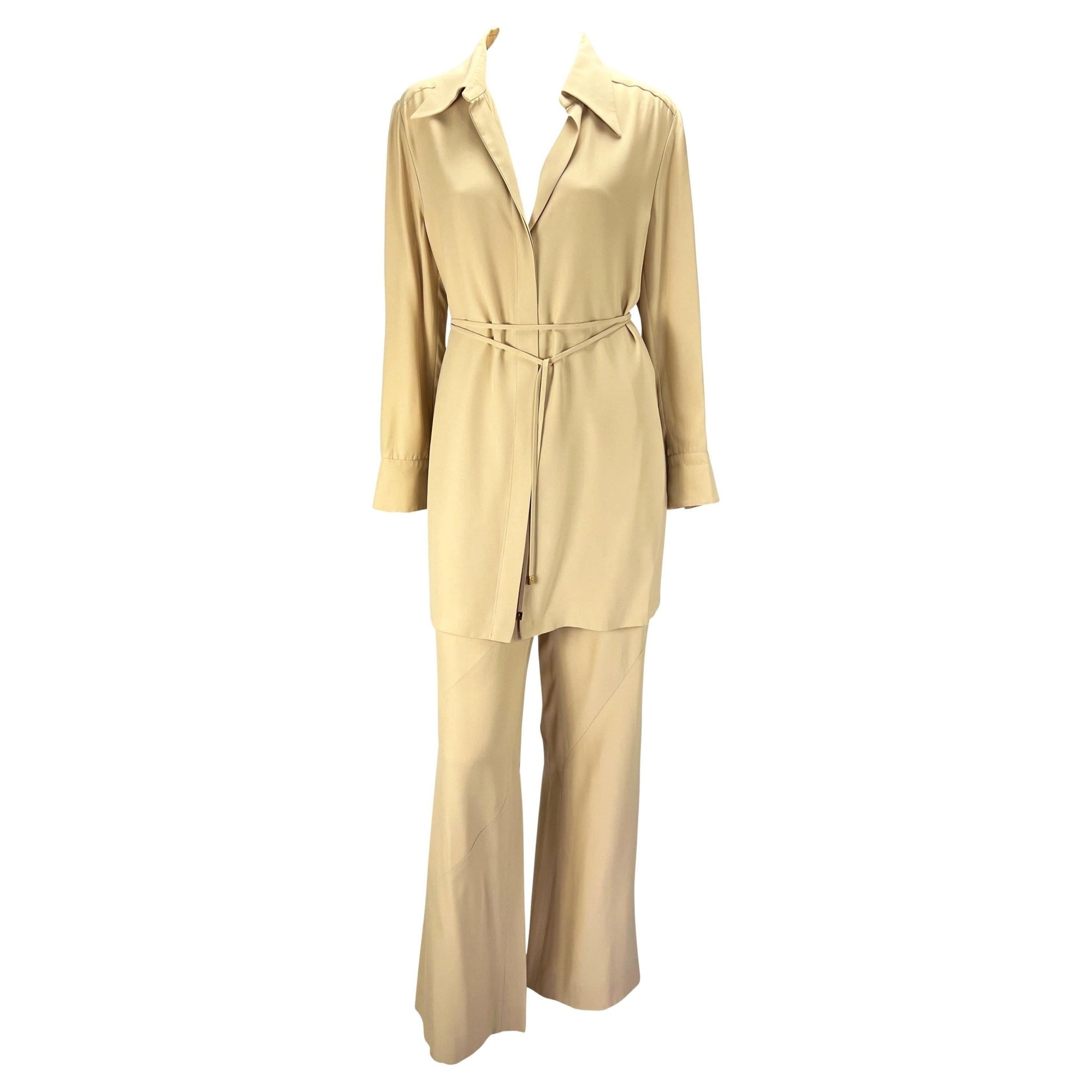 S/S 1997 Gucci by Tom Ford Beige Asymmetric Panel Wide Leg Belted Pantsuit - RealList