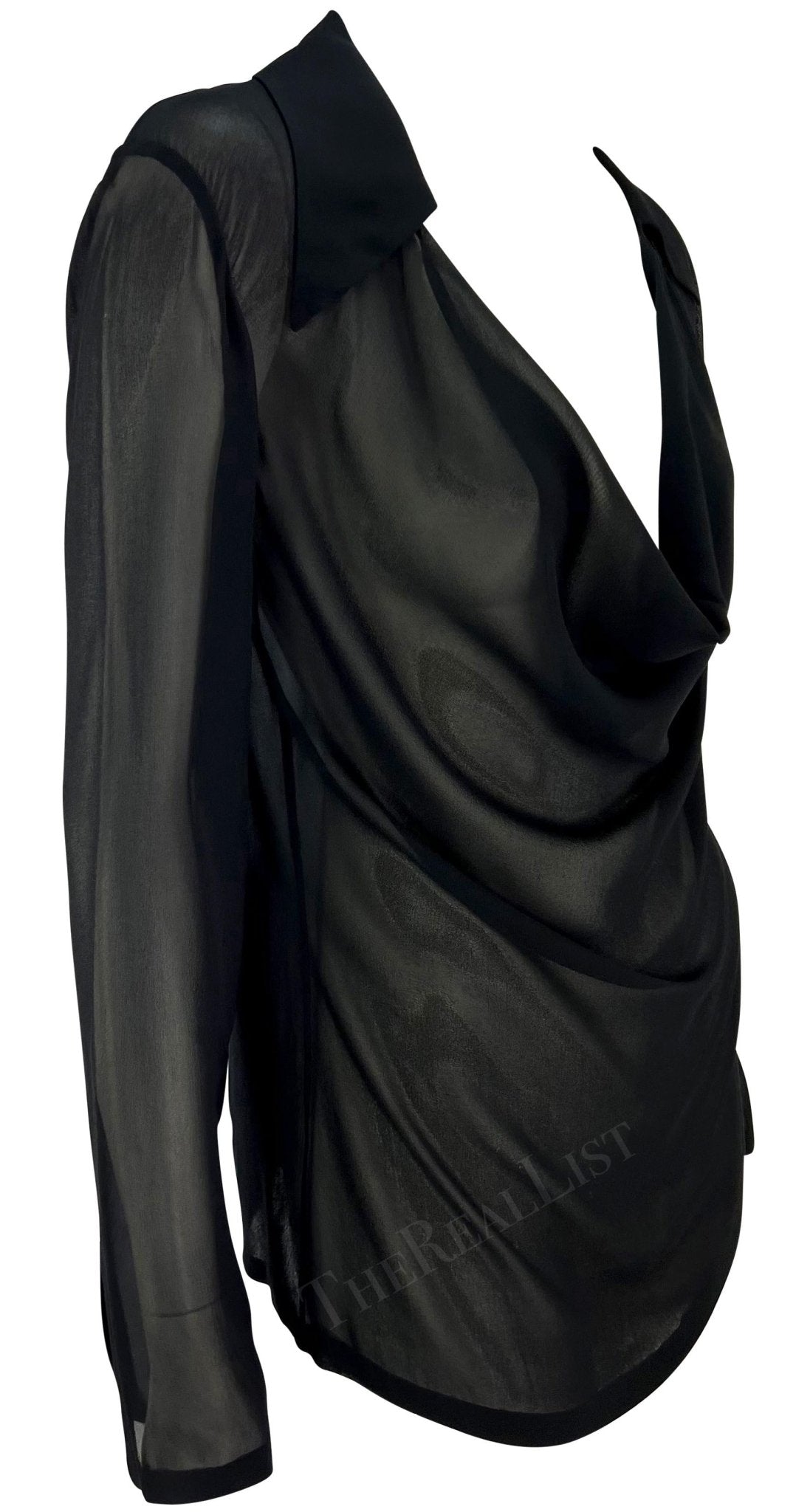 S/S 1997 Gucci by Tom Ford Black Sheer Cowl Neck Plunging Collar Blouse - RealList