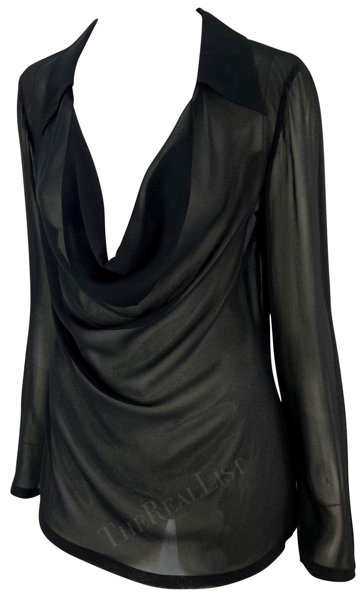 S/S 1997 Gucci by Tom Ford Black Sheer Cowl Neck Plunging Collar Blouse - RealList