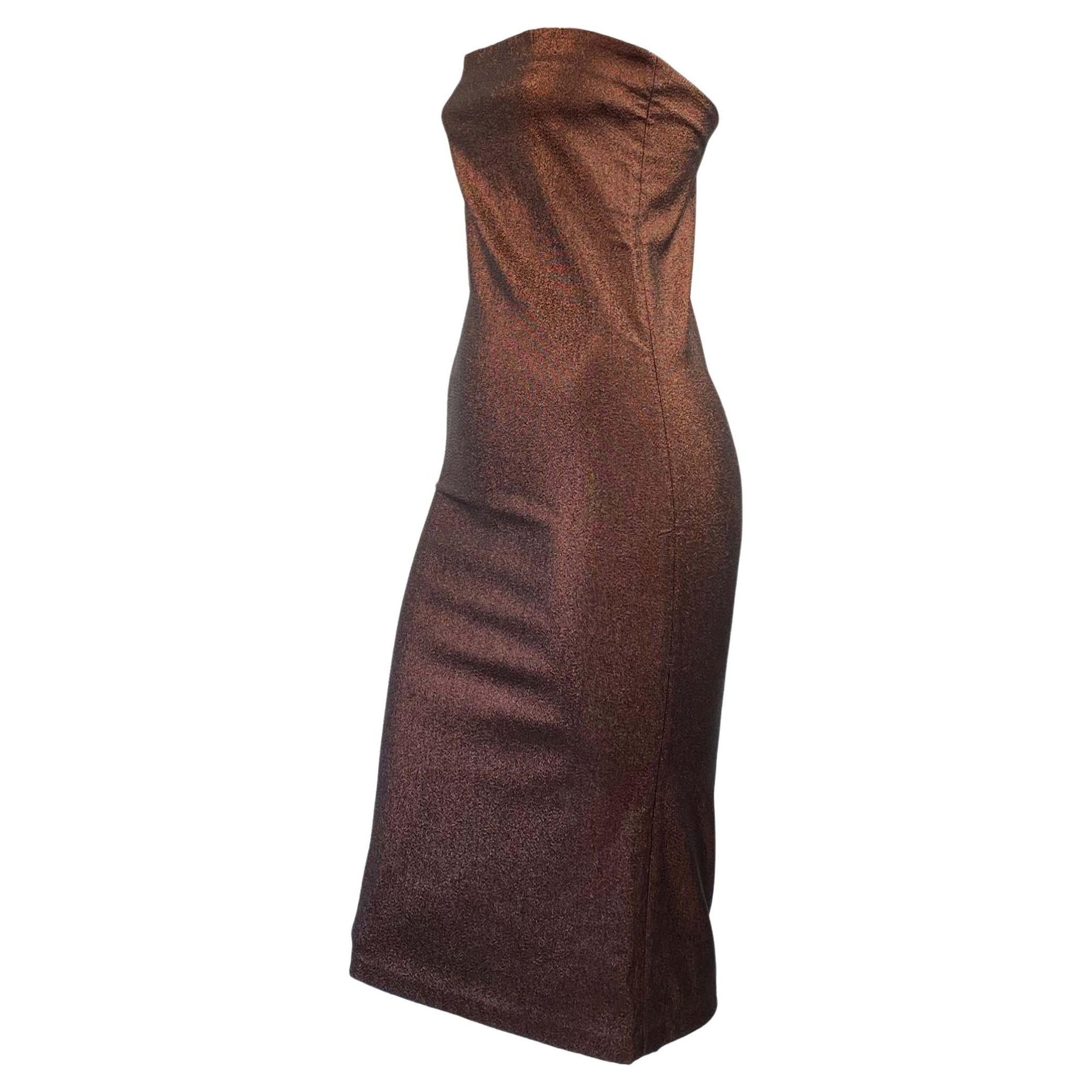 S/S 1997 Gucci by Tom Ford Brown Lurex Metallic Stretch Strapless Tube Dress - RealList