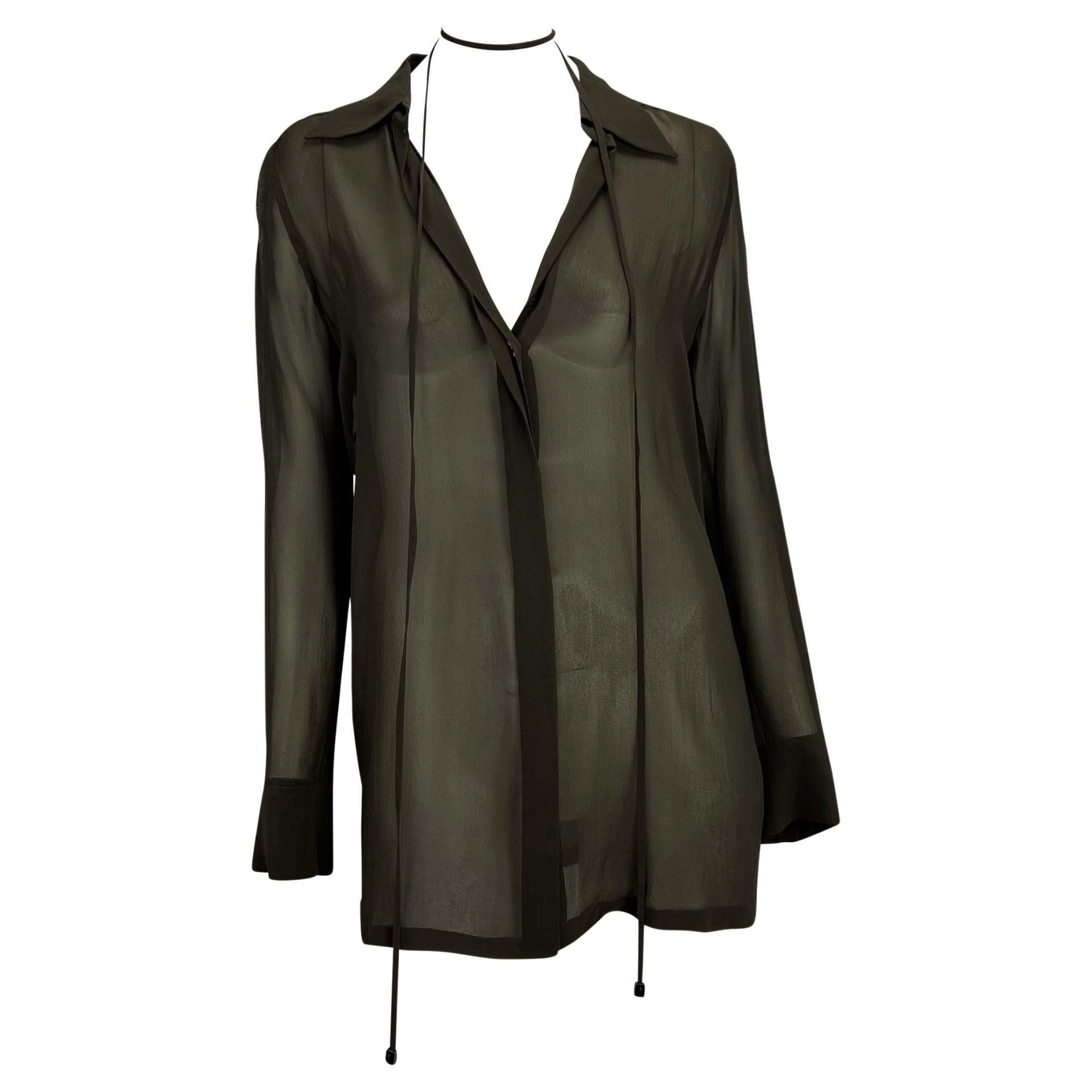 S/S 1997 Gucci by Tom Ford Brown Sheer Button Up Belted Oversized Tunic Top - RealList