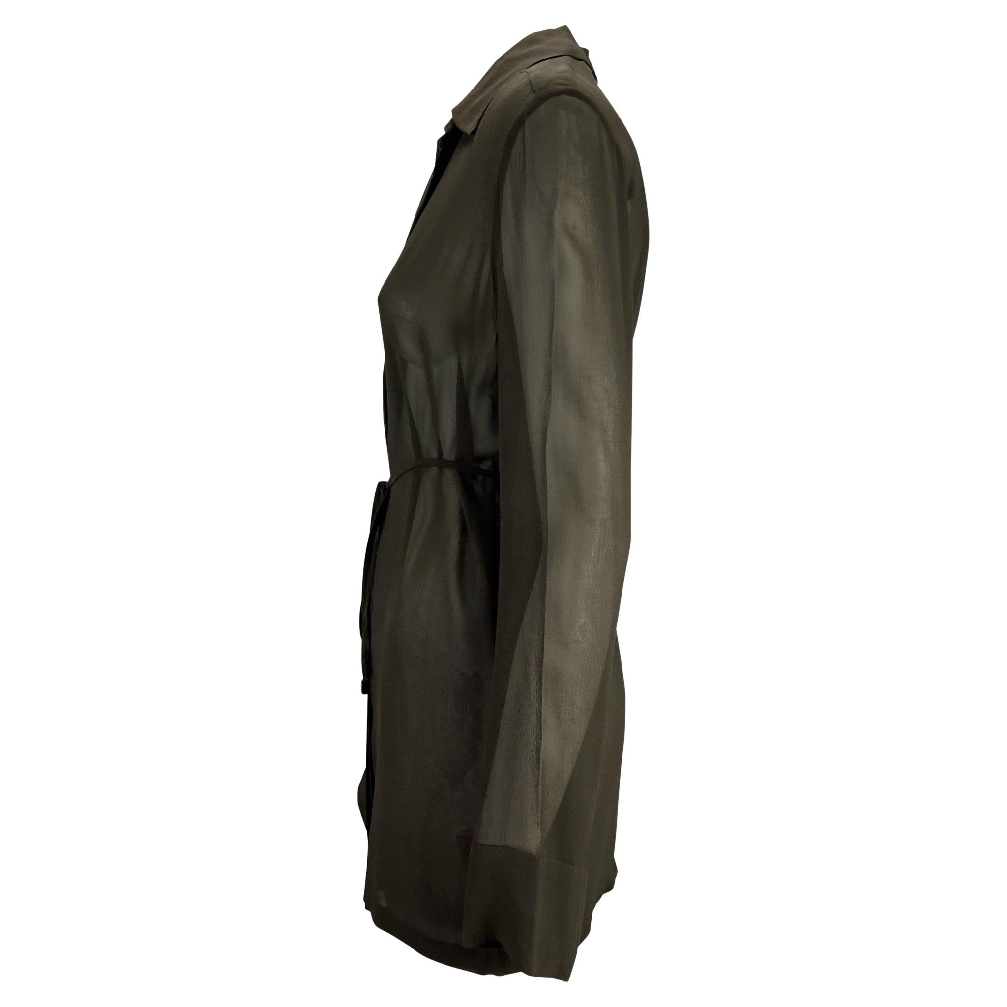 S/S 1997 Gucci by Tom Ford Brown Sheer Button Up Belted Oversized Tunic Top - RealList