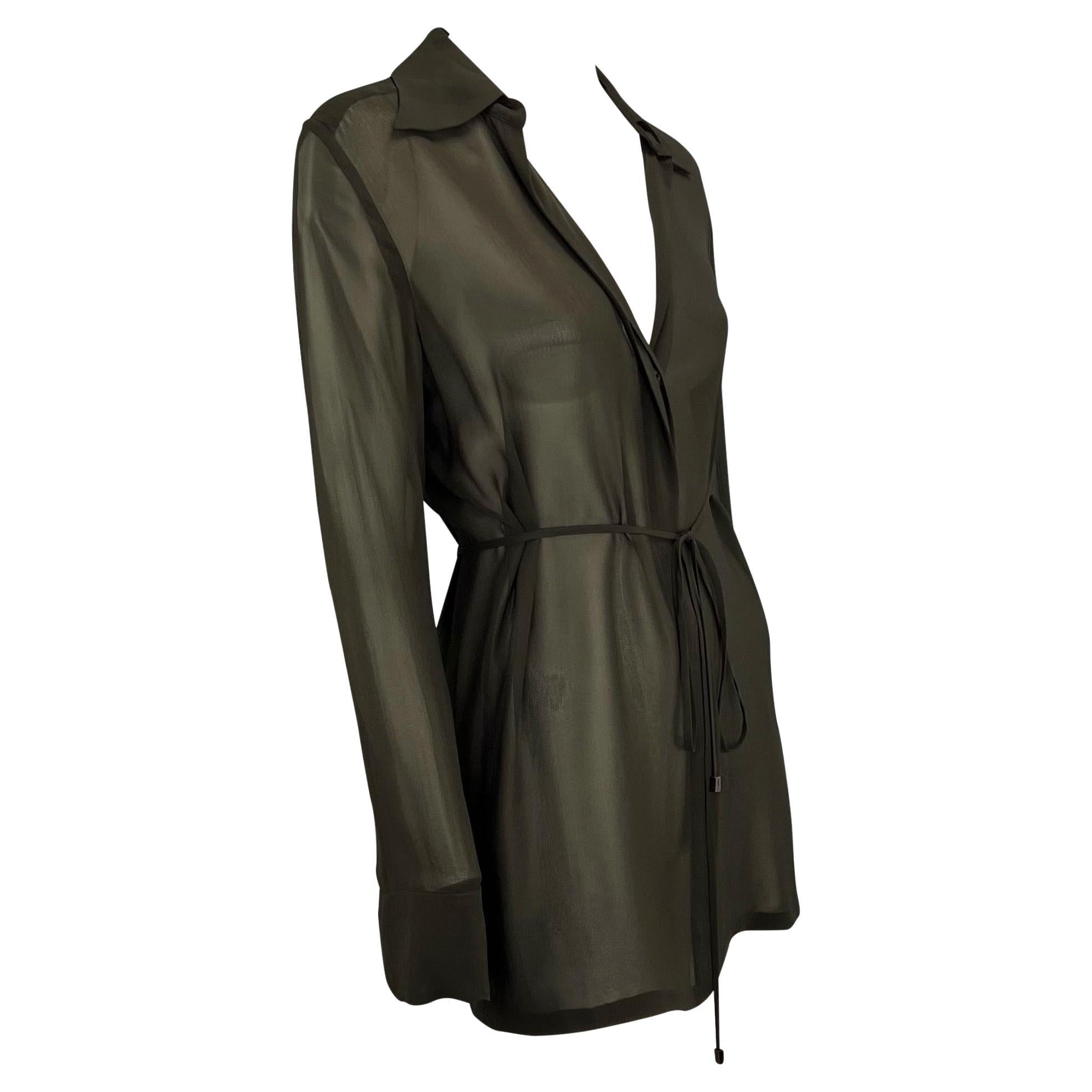 S/S 1997 Gucci by Tom Ford Brown Sheer Button Up Belted Oversized Tunic Top - RealList