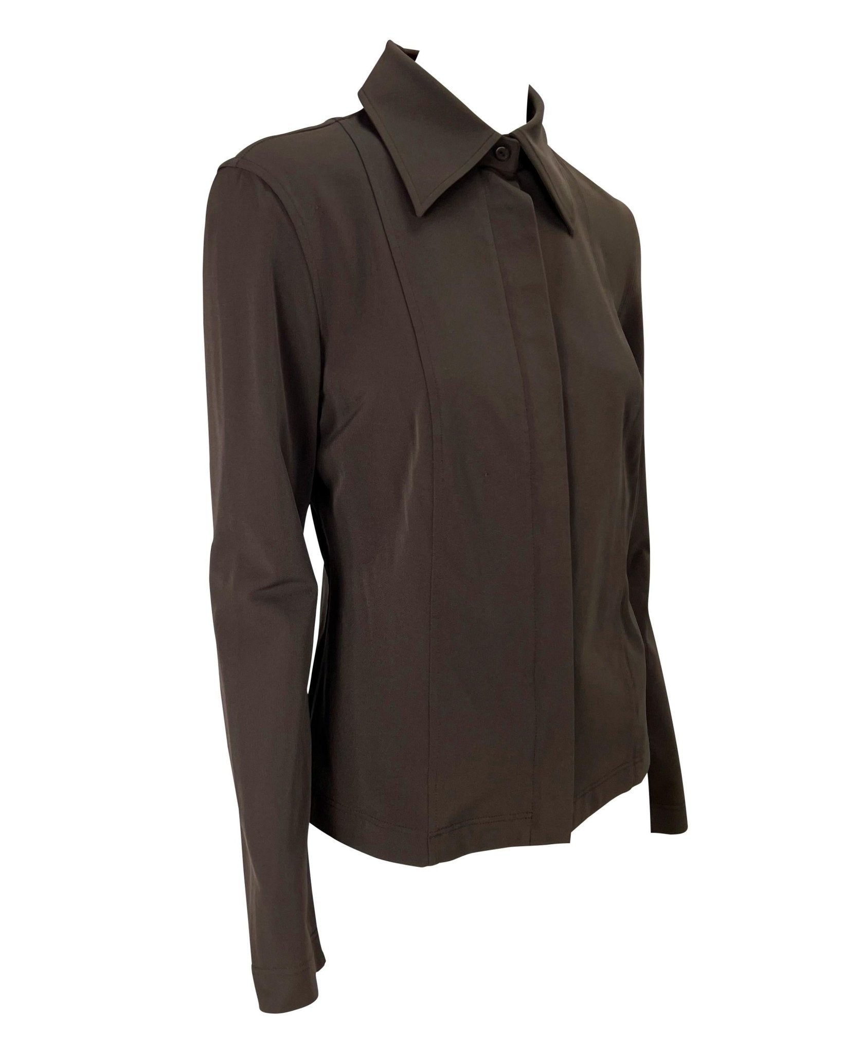 S/S 1997 Gucci by Tom Ford Brown Stretch Panel Zip - Up Collared Blouse - RealList