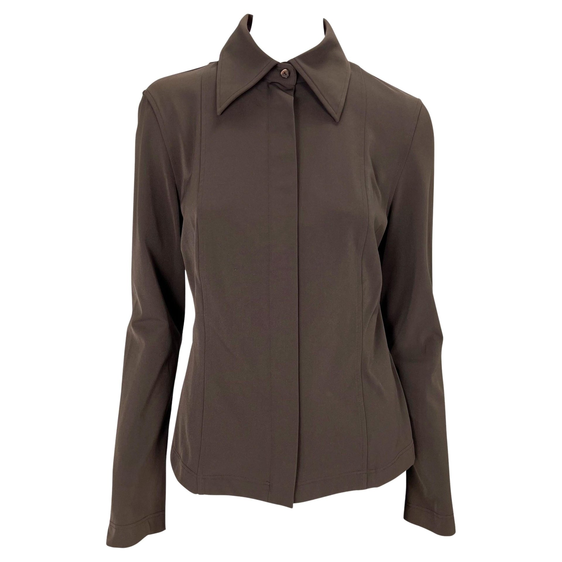 S/S 1997 Gucci by Tom Ford Brown Stretch Panel Zip - Up Collared Blouse - RealList