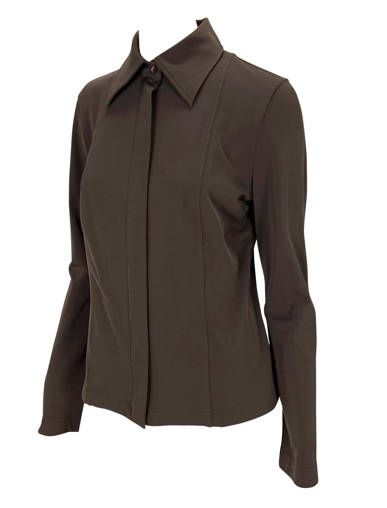 S/S 1997 Gucci by Tom Ford Brown Stretch Panel Zip - Up Collared Blouse - RealList