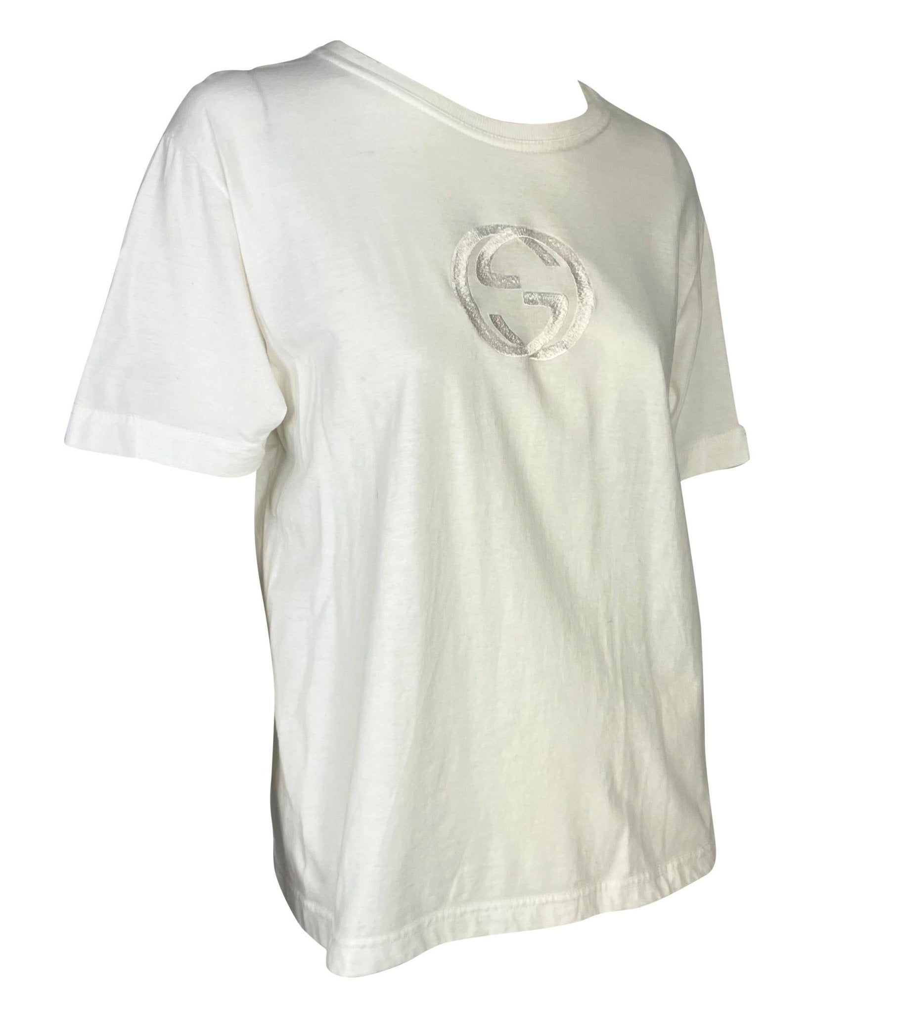 S/S 1997 Gucci by Tom Ford GG Logo Embroidered White Stretch T-Shirt - RealList