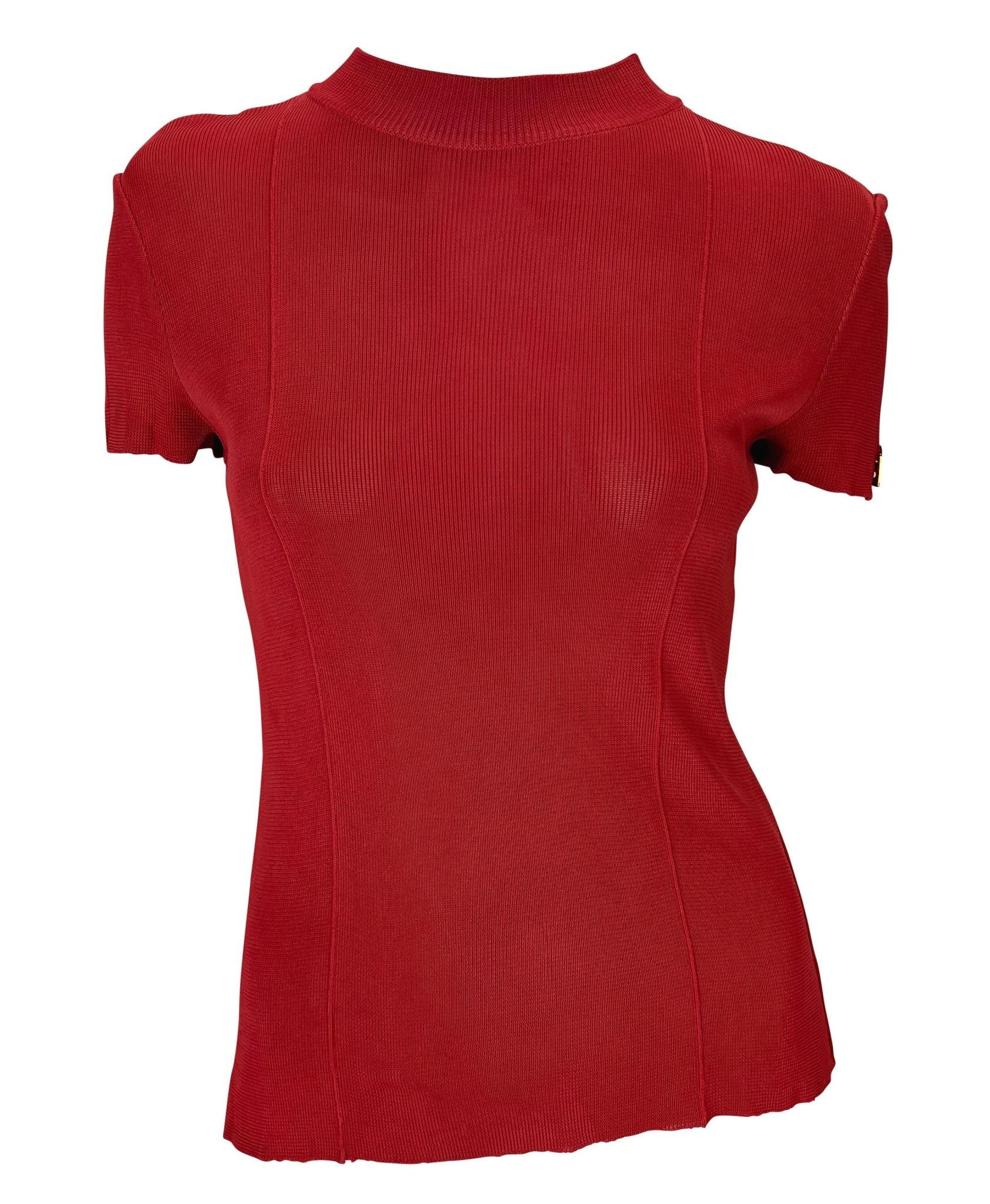 S/S 1997 Gucci by Tom Ford Red G Logo Medallion Viscose Stretch Knit T-Shirt Top - RealList