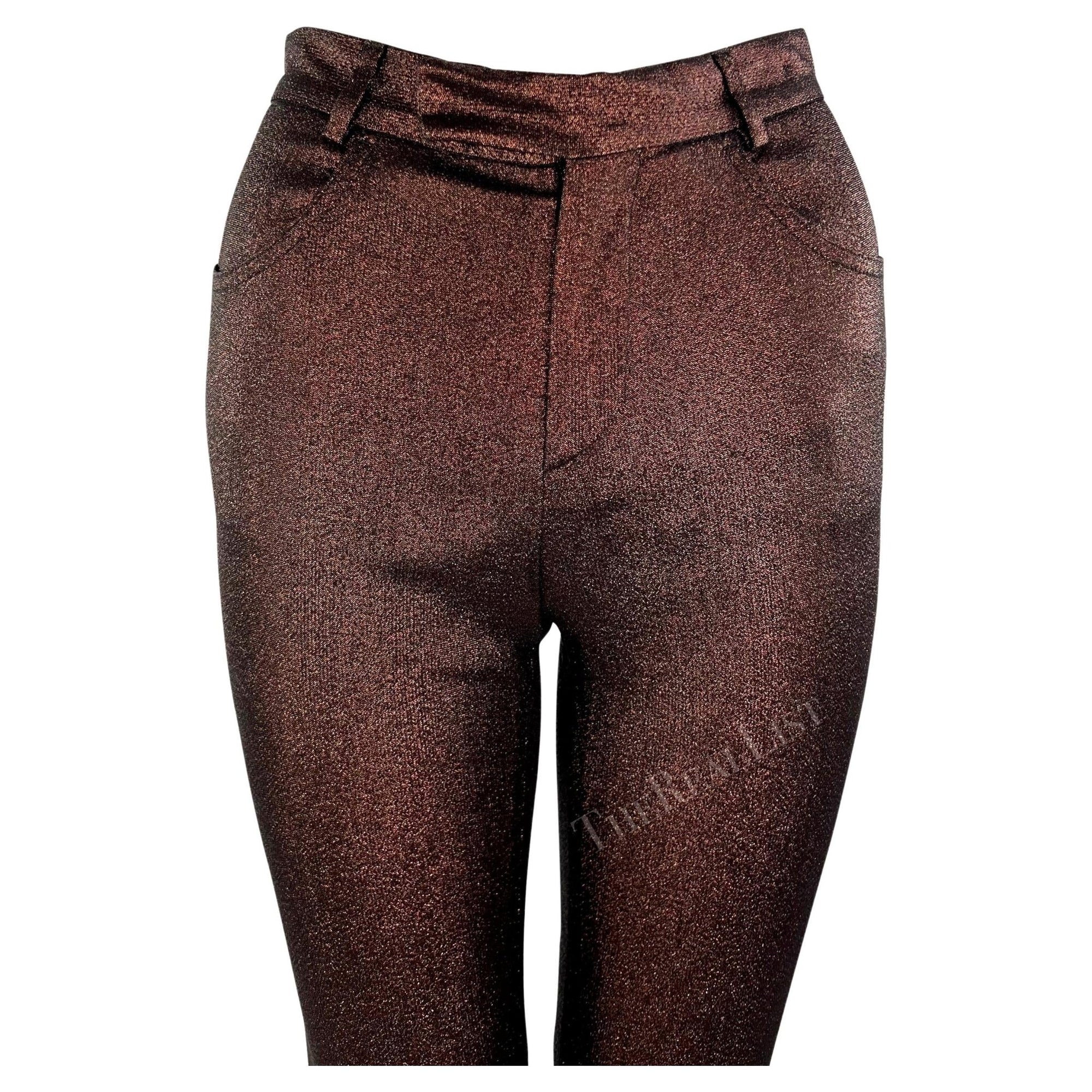 S/S 1997 Gucci by Tom Ford Runway Ad Copper Metallic Skinny Lurex Stretch Pants - RealList