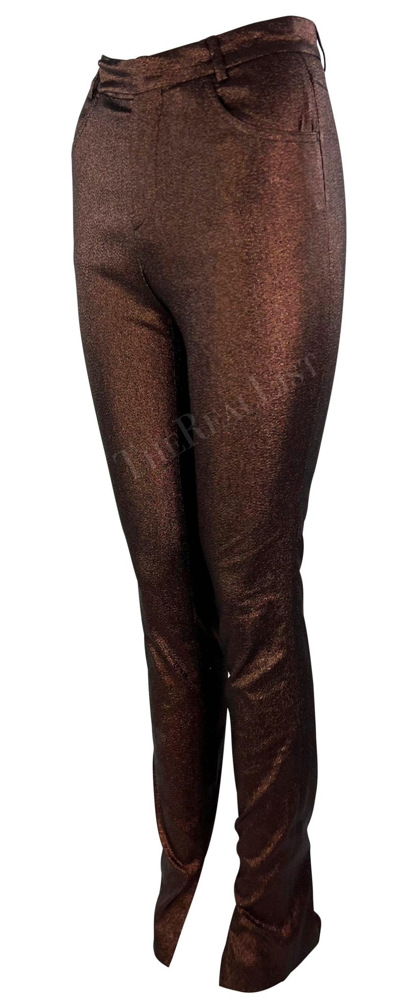 S/S 1997 Gucci by Tom Ford Runway Ad Copper Metallic Skinny Lurex Stretch Pants - RealList