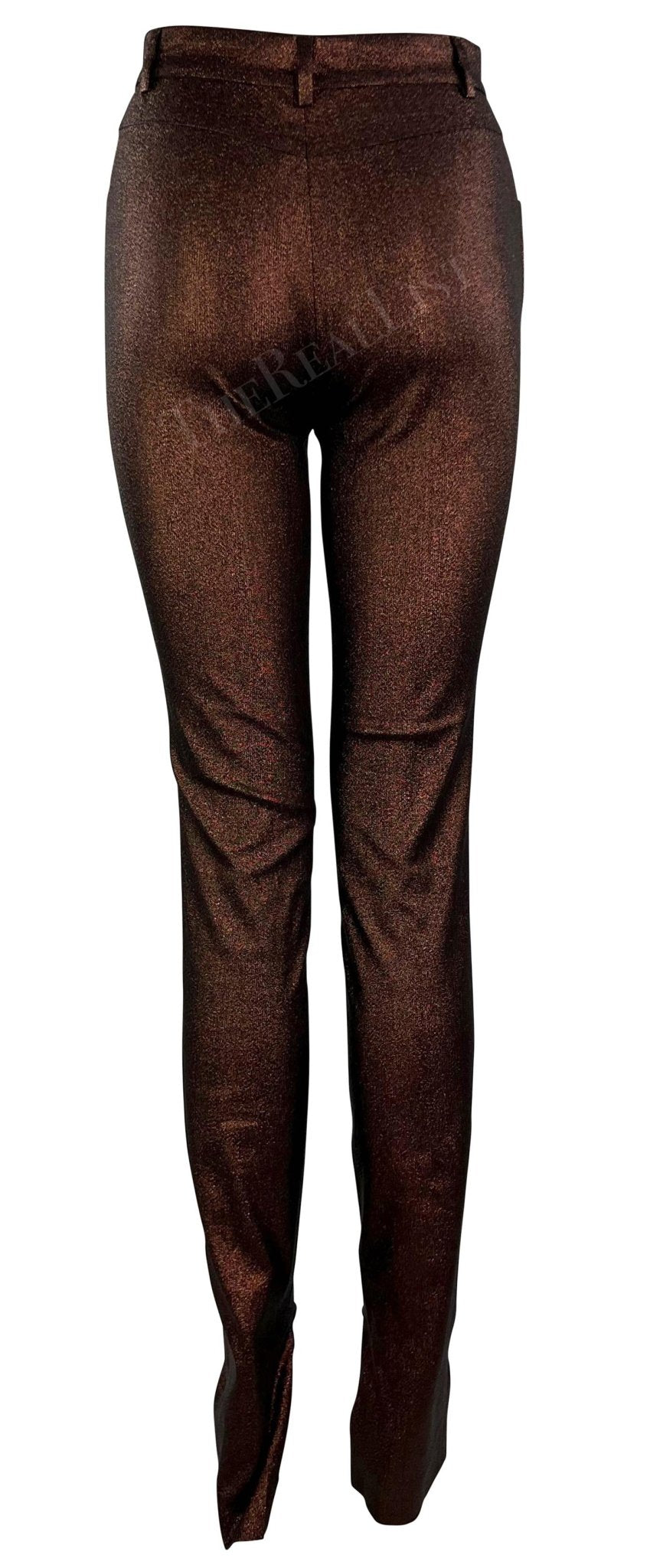 S/S 1997 Gucci by Tom Ford Runway Ad Copper Metallic Skinny Lurex Stretch Pants - RealList