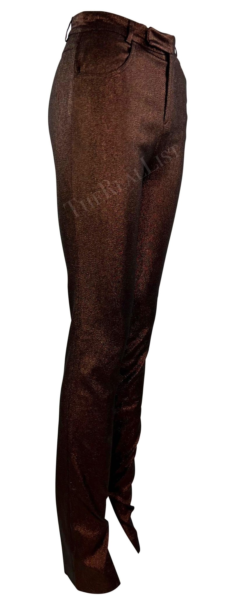 S/S 1997 Gucci by Tom Ford Runway Ad Copper Metallic Skinny Lurex Stretch Pants - RealList