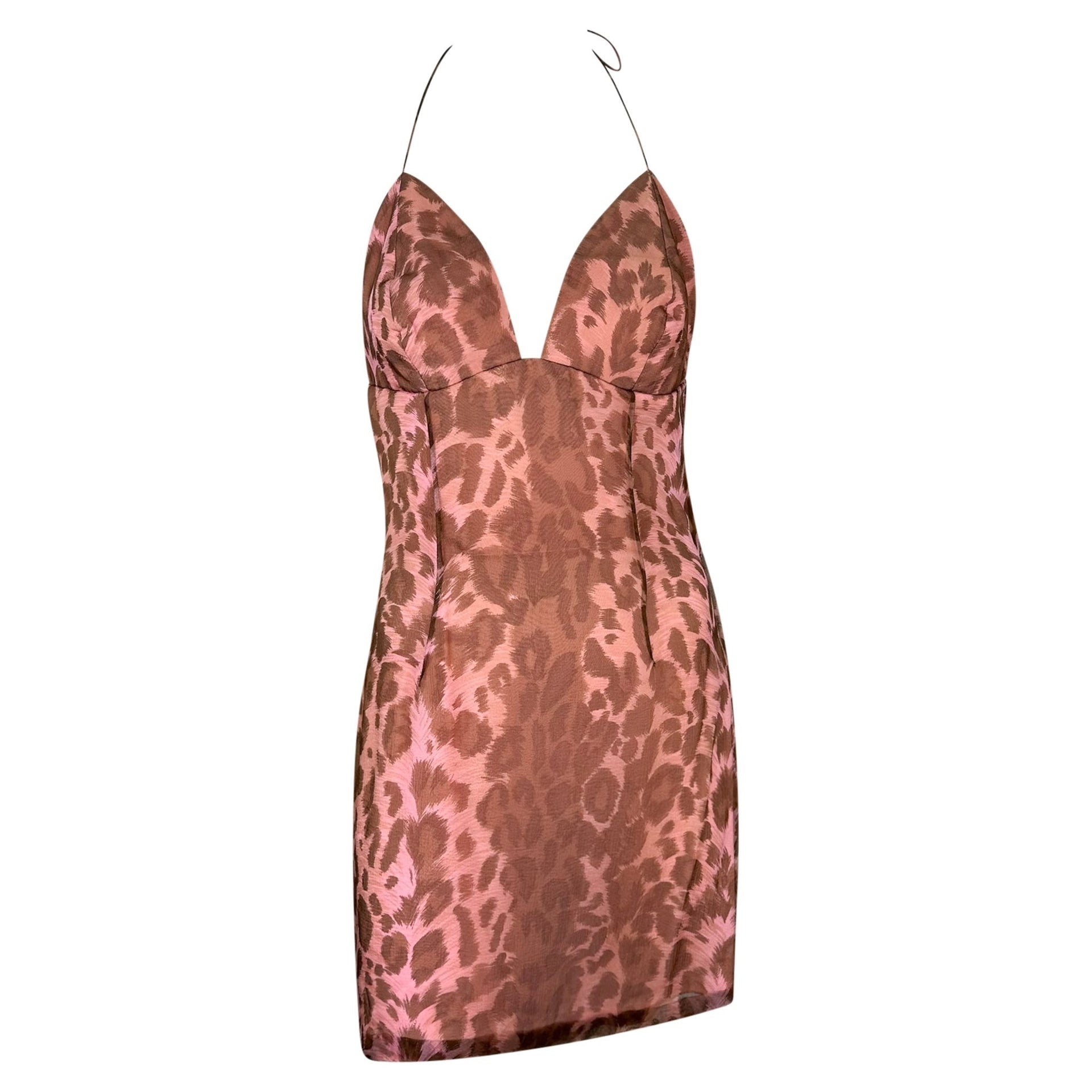 S/S 1997 Jacques Fath Runway Pink Leopard Print Halter Mini Dress - RealList