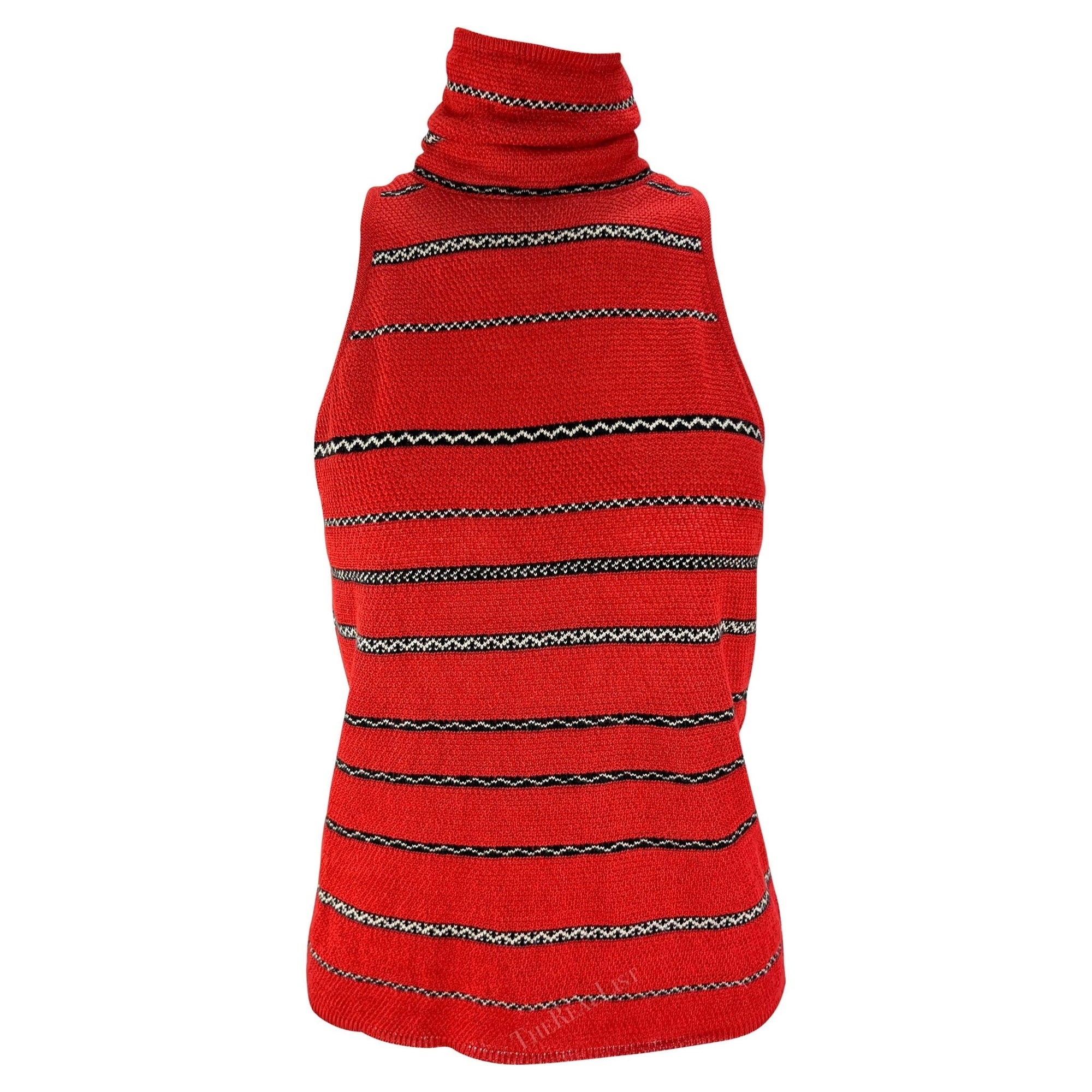 S/S 1997 Ralph Lauren Runway Ad Stretch Knit Linen Red Stripe Mock Neck Sleeveless Top - RealList