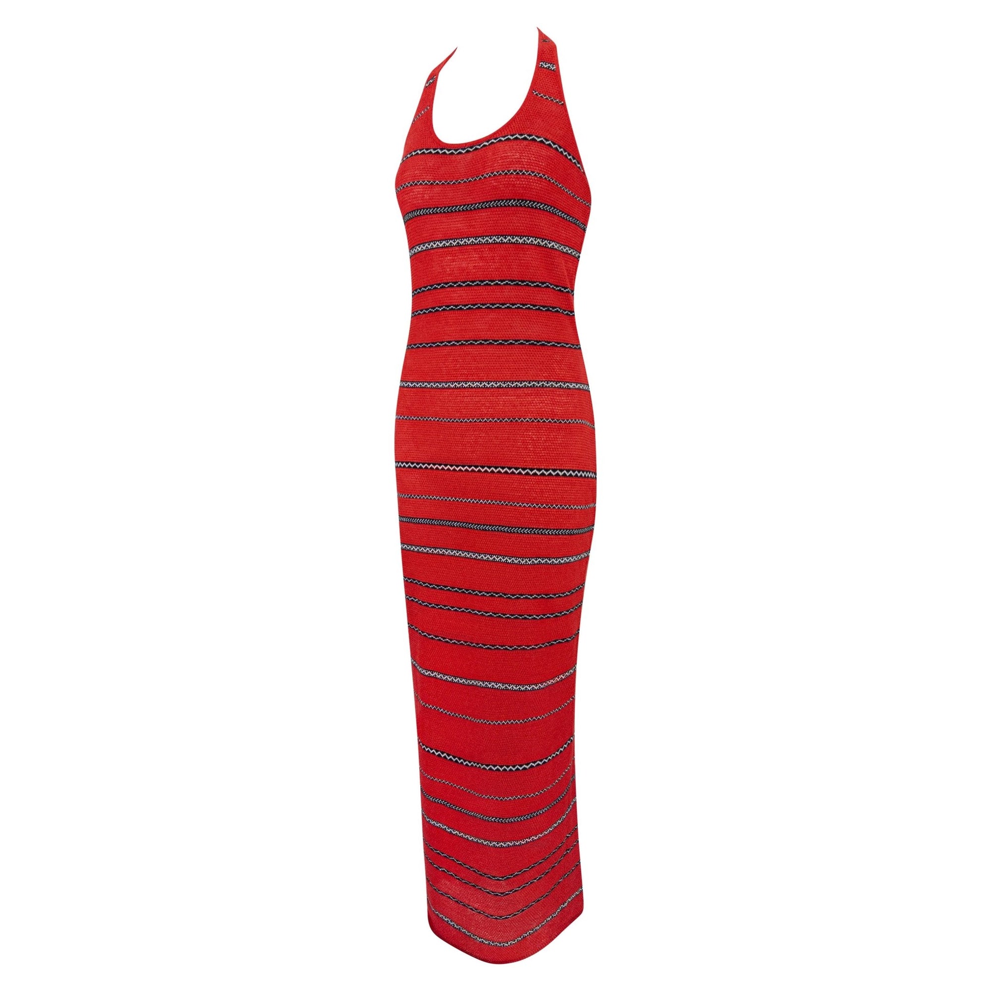 S/S 1997 Ralph Lauren Runway Red Knit Linen Striped Bodycon Halter Maxi Dress - RealList
