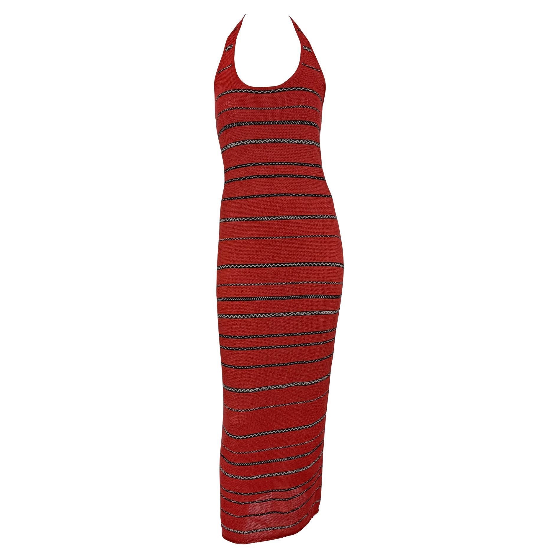 S/S 1997 Ralph Lauren Runway Red Knit Linen Striped Bodycon Halter Maxi Dress - RealList