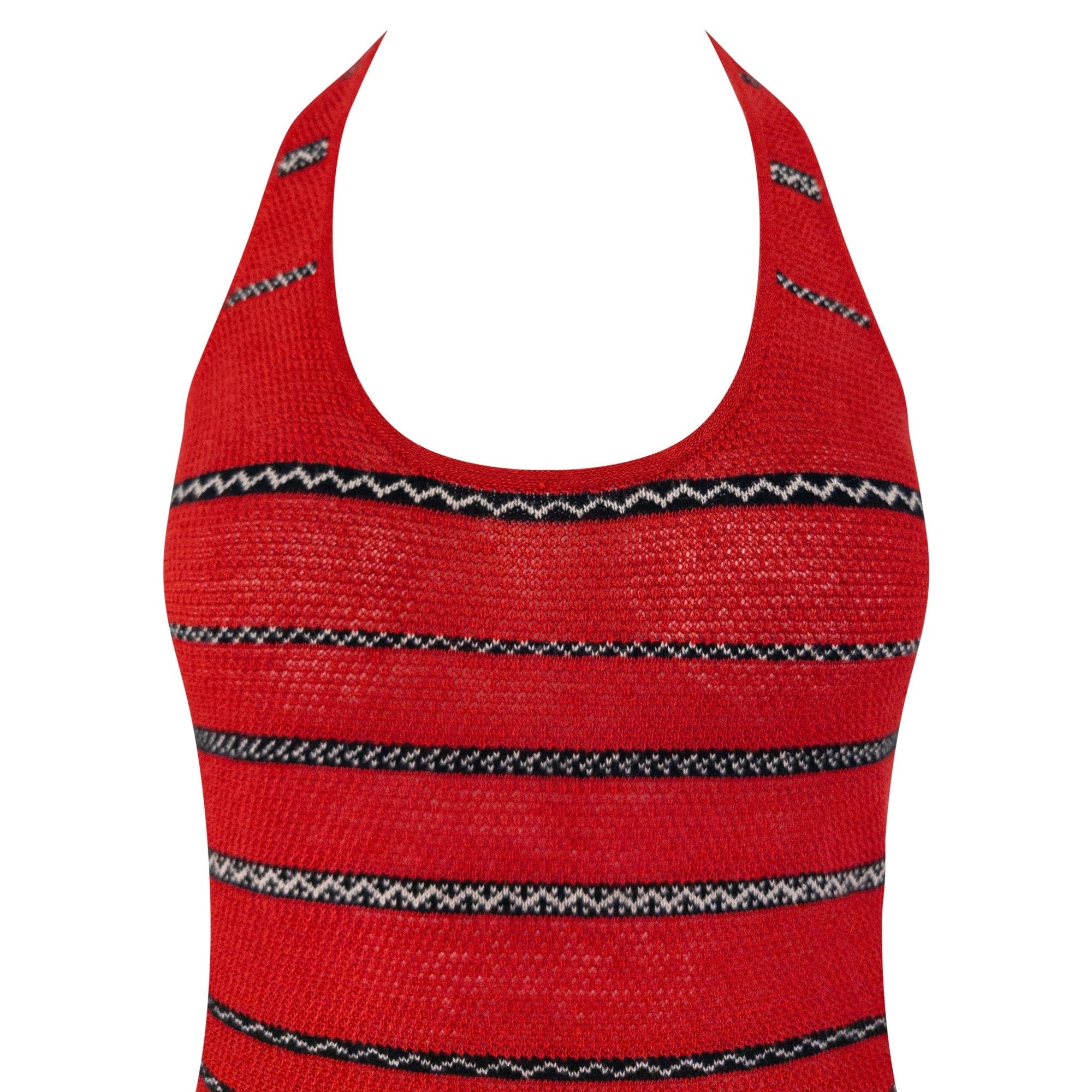 S/S 1997 Ralph Lauren Runway Red Knit Linen Striped Bodycon Halter Maxi Dress - RealList