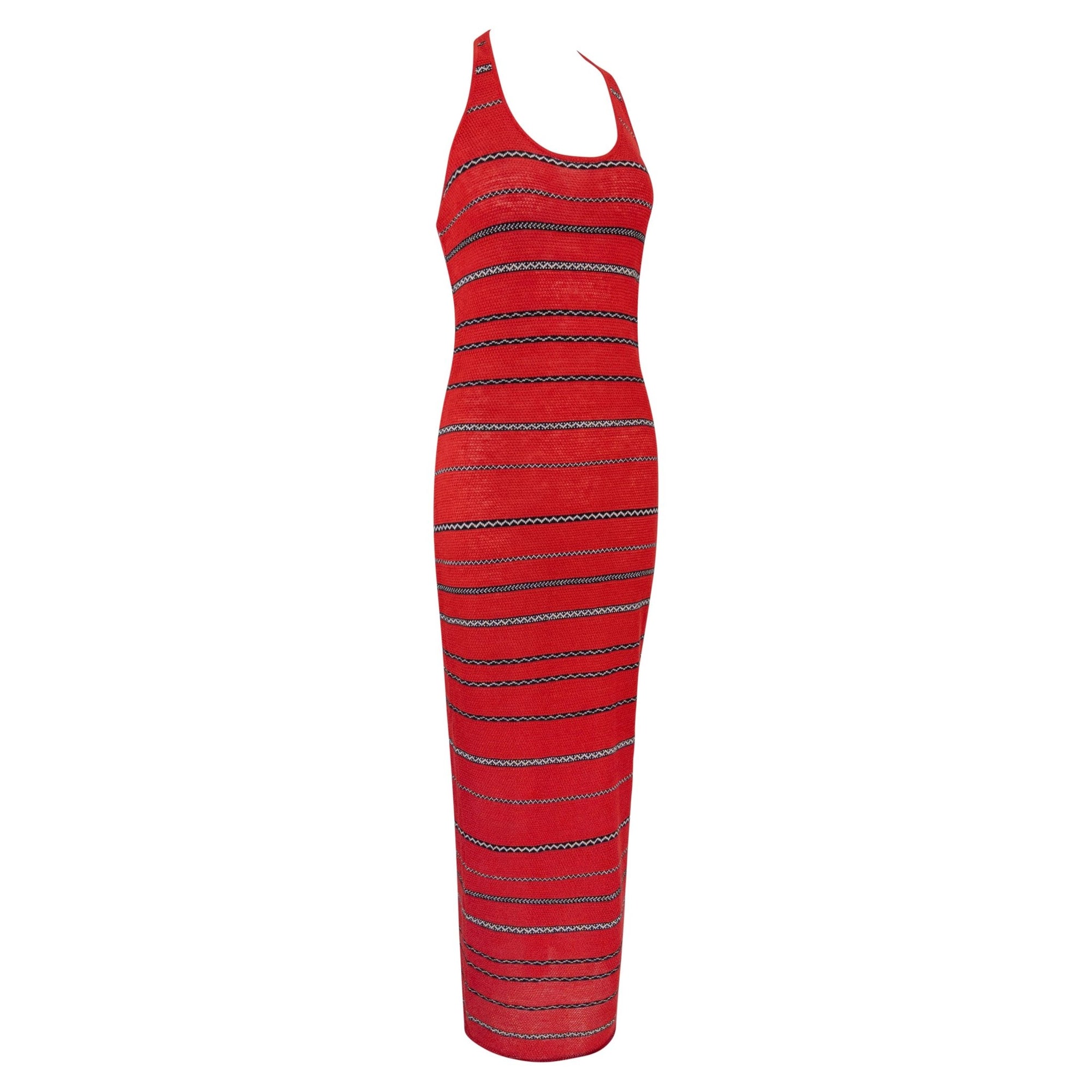 S/S 1997 Ralph Lauren Runway Red Knit Linen Striped Bodycon Halter Maxi Dress - RealList