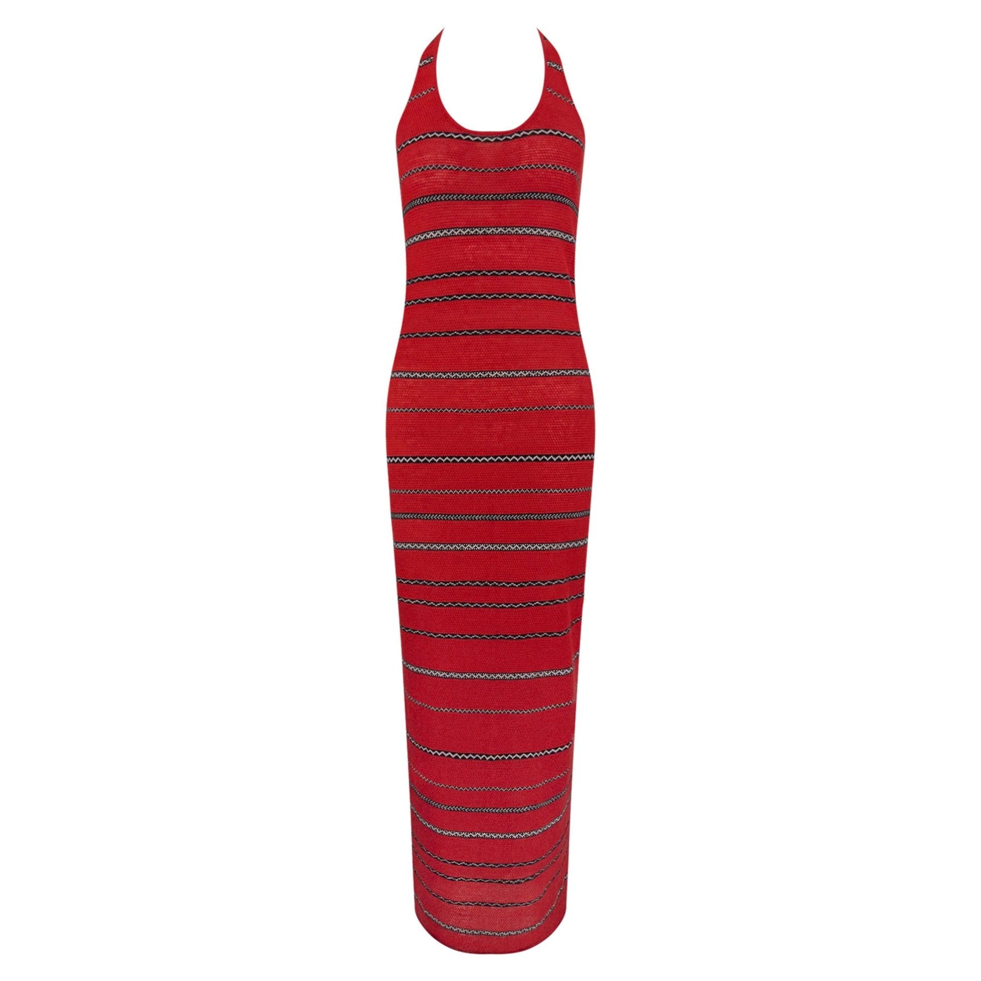 S/S 1997 Ralph Lauren Runway Red Knit Linen Striped Bodycon Halter Maxi Dress - RealList