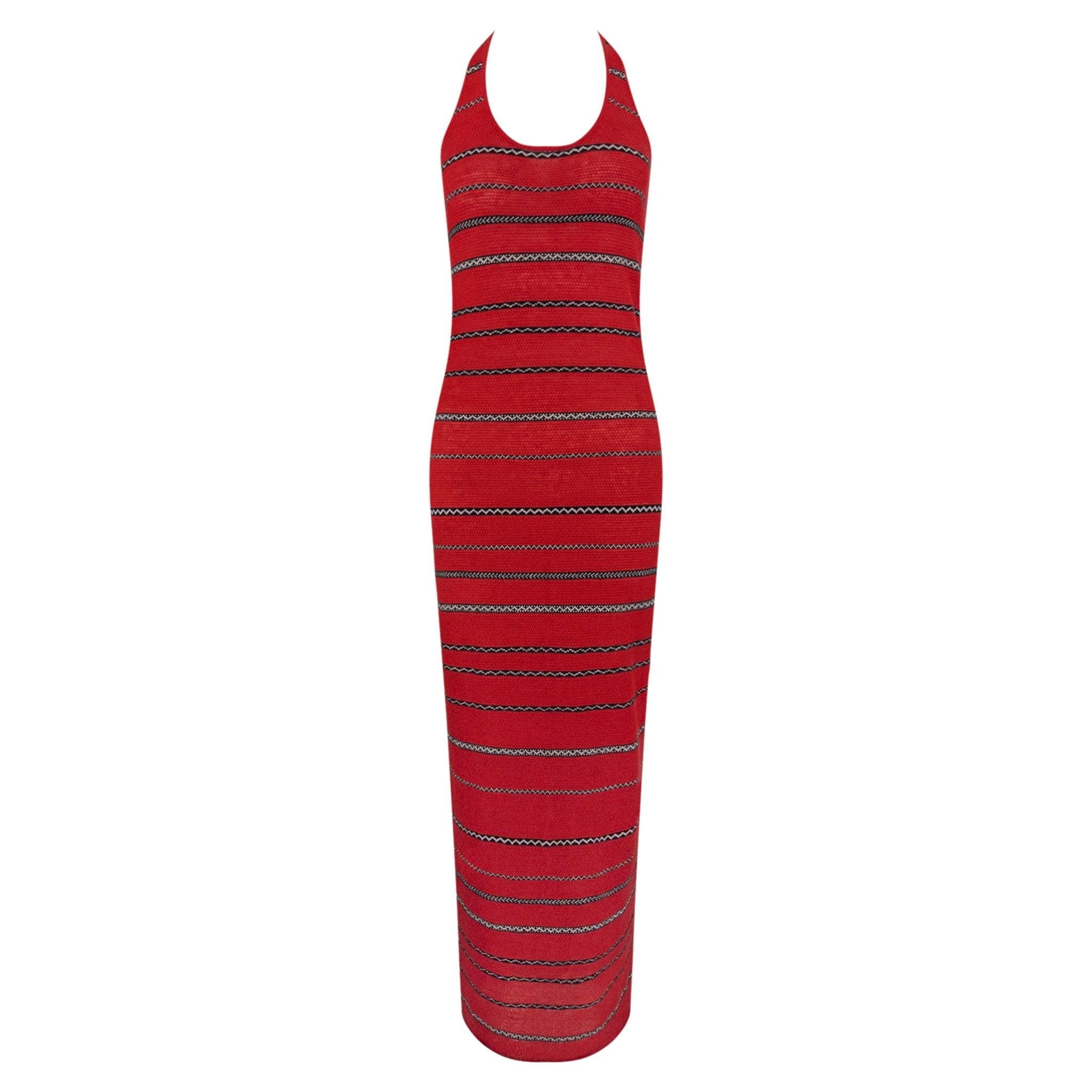 S/S 1997 Ralph Lauren Runway Red Knit Linen Striped Bodycon Halter Maxi Dress - RealList