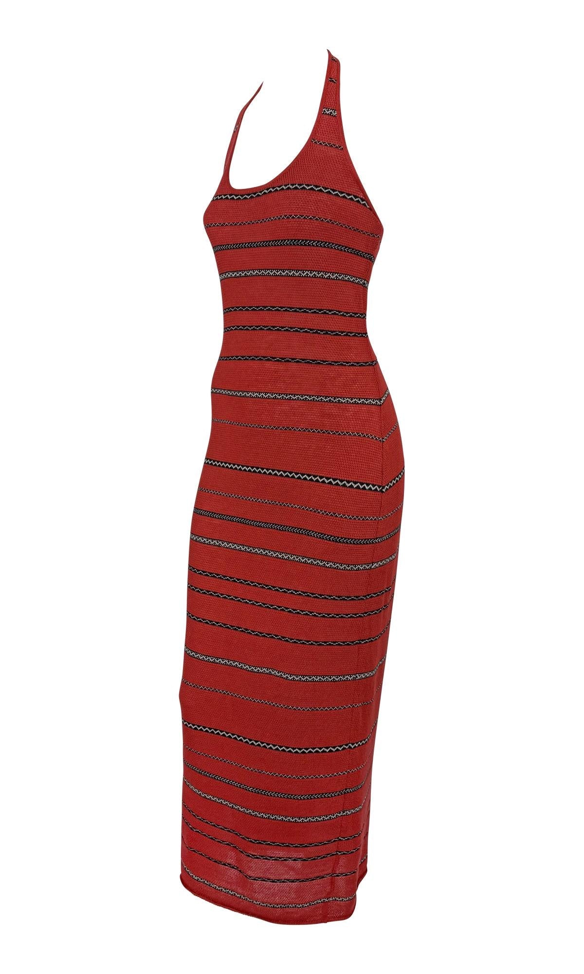 S/S 1997 Ralph Lauren Runway Red Knit Linen Striped Bodycon Halter Maxi Dress - RealList