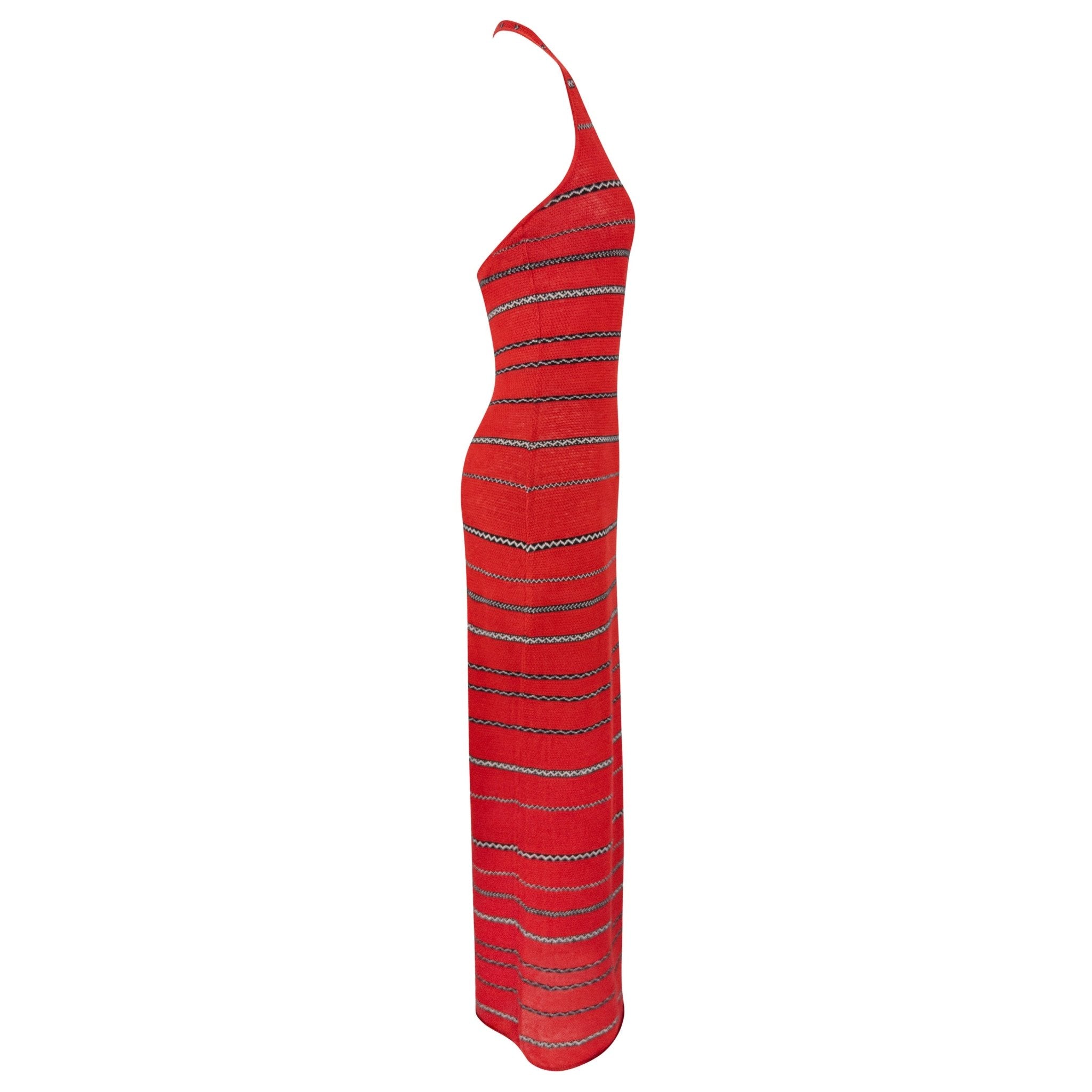 S/S 1997 Ralph Lauren Runway Red Knit Linen Striped Bodycon Halter Maxi Dress - RealList
